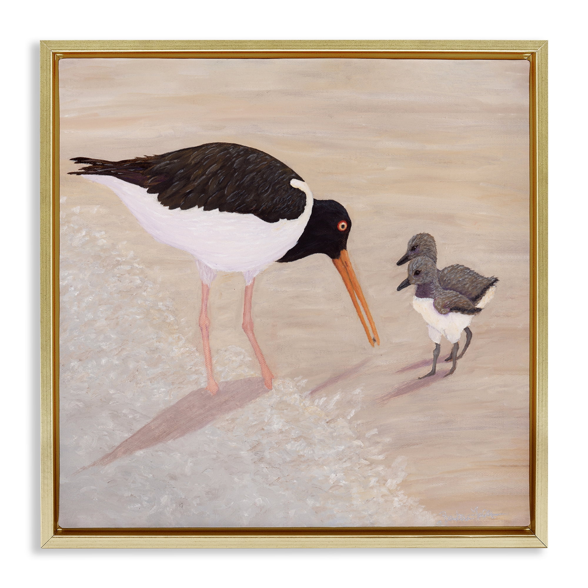 Stupell Industries American Oyster Catcher & Chicks Gold Framed Floater Canvas Wall Art, design by Barbara Fallenbaum
