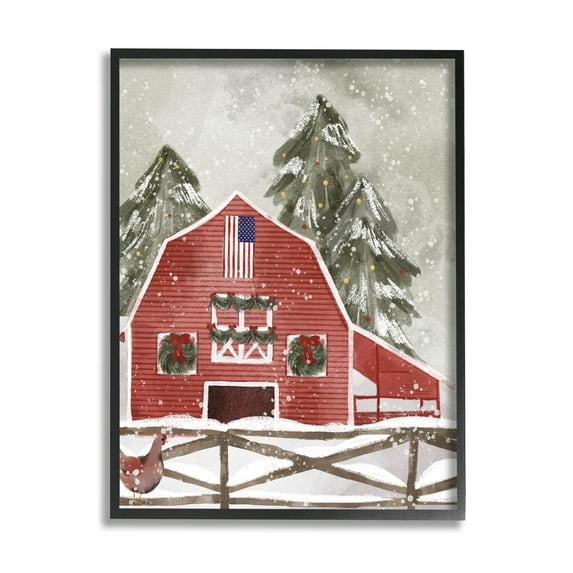 Stupell Industries Americana Barn Holiday Snow Scene Graphic Art Black Framed Art Print Wall Art, Design by Laura Konyndyk