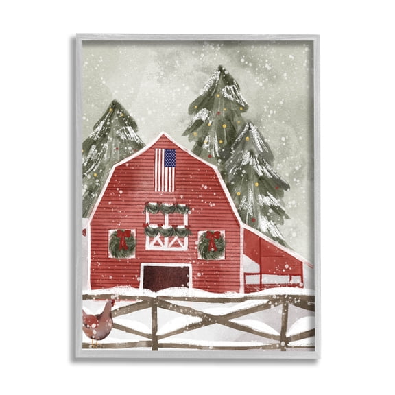 Stupell Industries Americana Barn Holiday Snow Scene Graphic Art Gray Framed Art Print Wall Art, Design by Laura Konyndyk