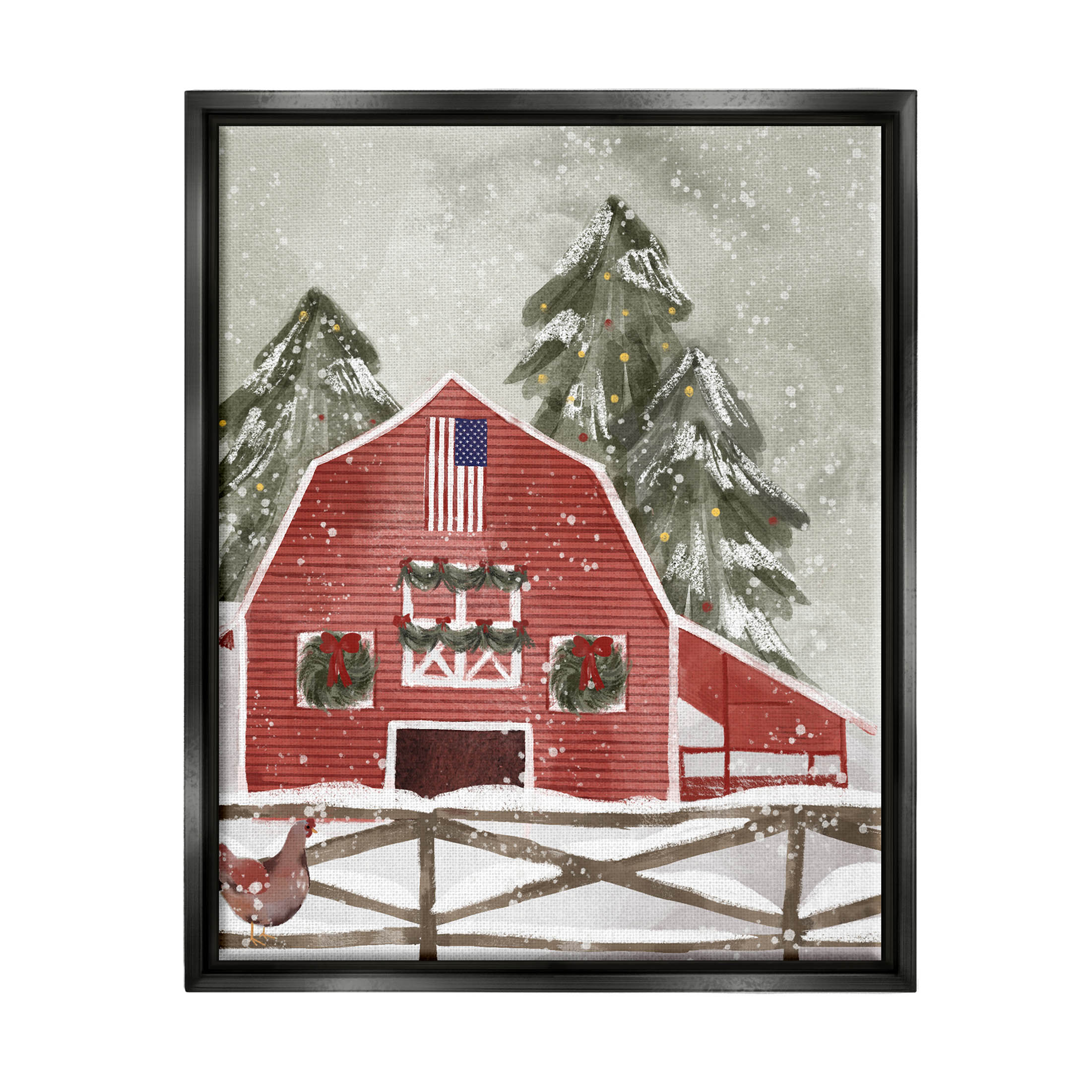Stupell Industries Americana Barn Holiday Snow Scene Graphic Art Jet Black Floating Framed Canvas Print Wall Art, Design by Laura Konyndyk