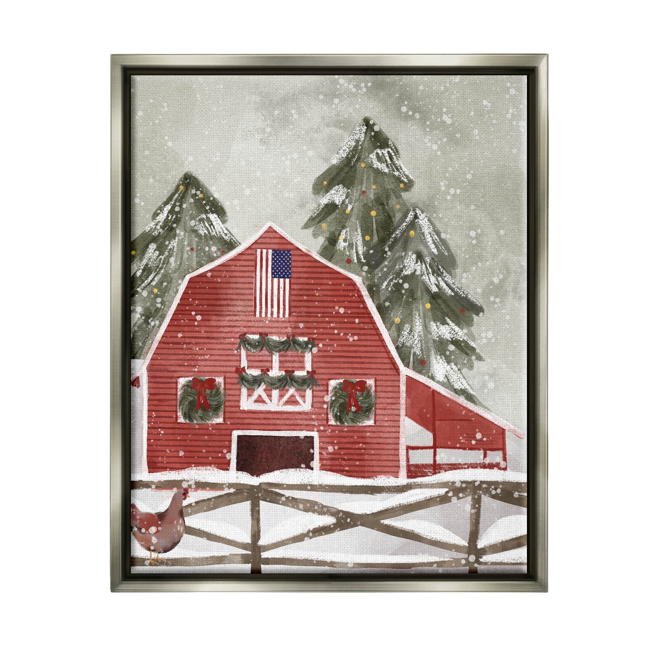 Stupell Industries Americana Barn Holiday Snow Scene Graphic Art Luster Gray Floating Framed Canvas Print Wall Art, Design by Laura Konyndyk