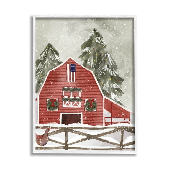 Stupell Industries Americana Barn Holiday Snow Scene Graphic Art White Framed Art Print Wall Art, Design by Laura Konyndyk