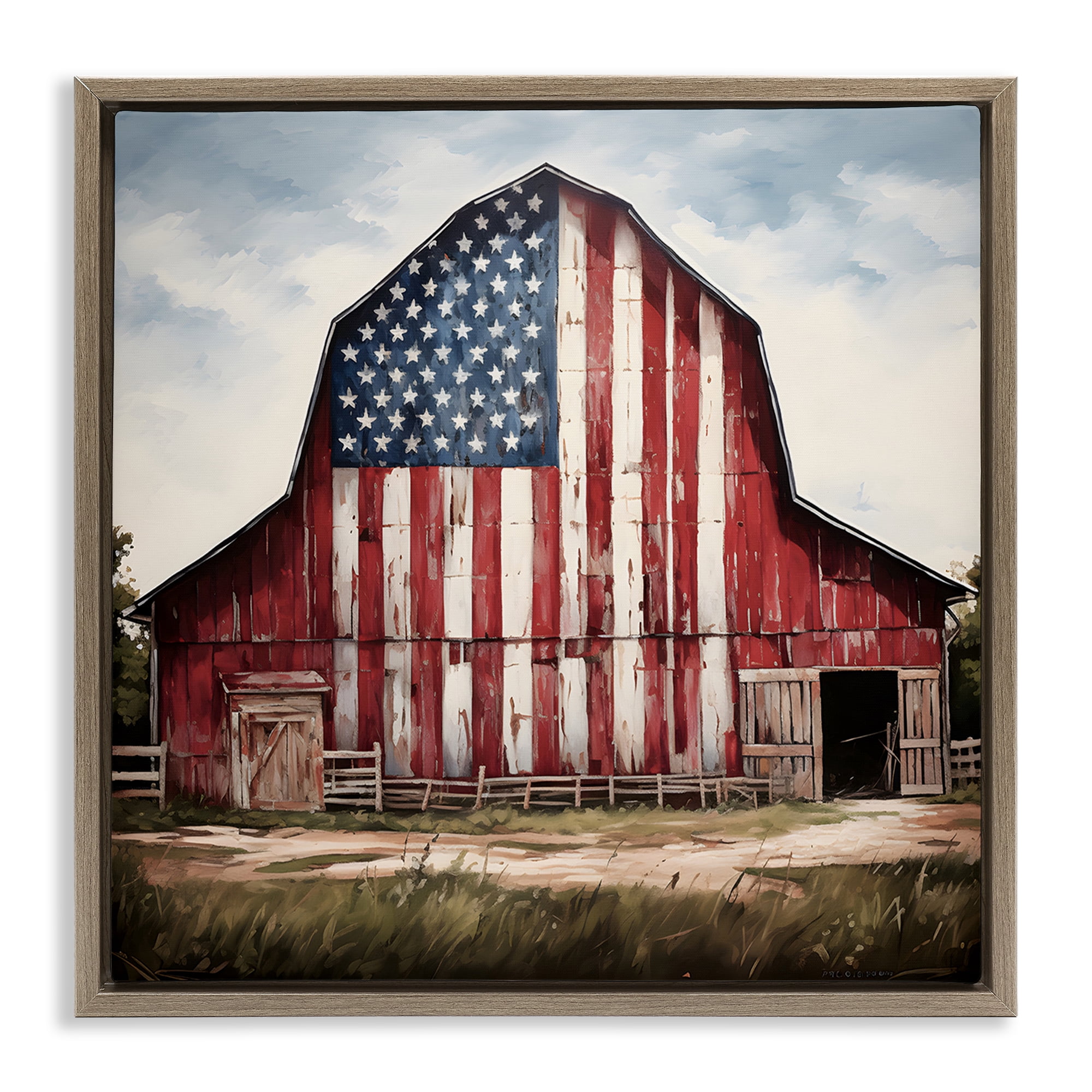 Stupell Industries Americana Barn View Landscape Painting Brown Floater Framed Canvas Art Print Wall Art, 18 x 18