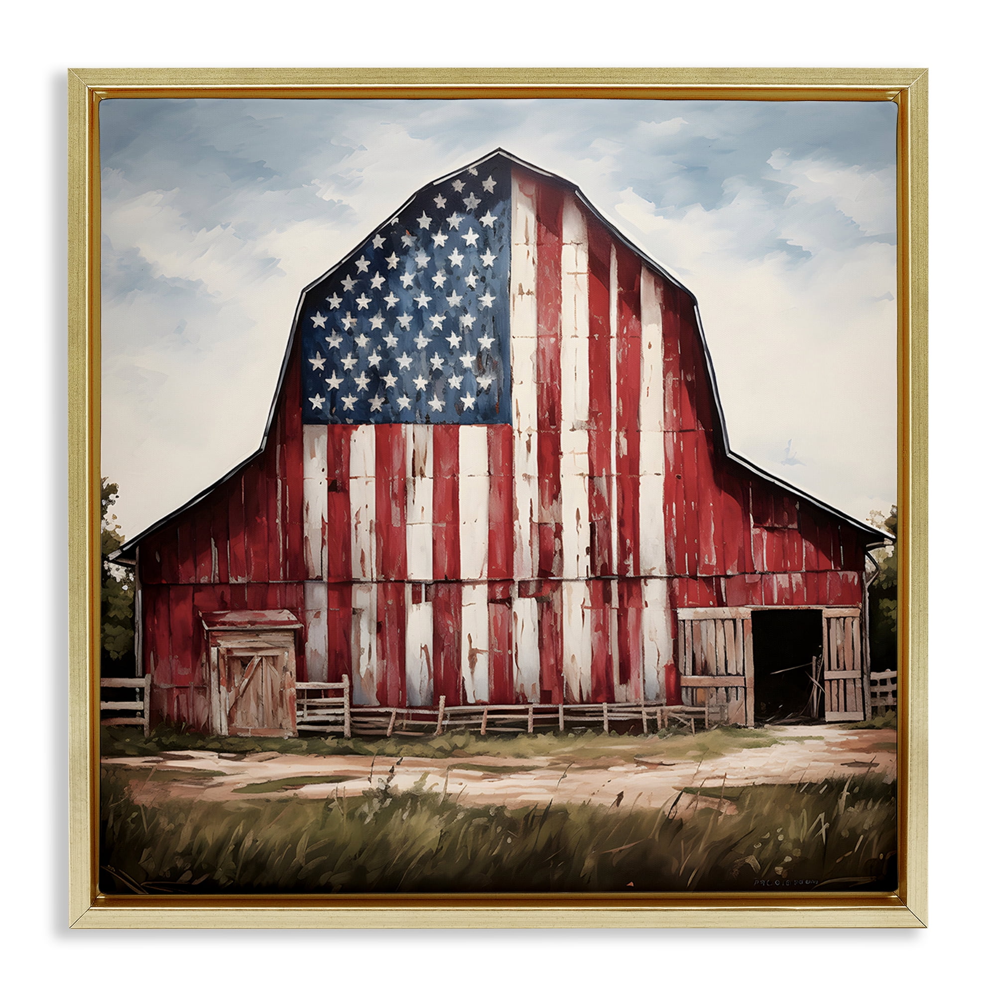 Stupell Industries Americana Barn View Landscape Painting Gold Floater Framed Canvas Art Print Wall Art, 25 x 25