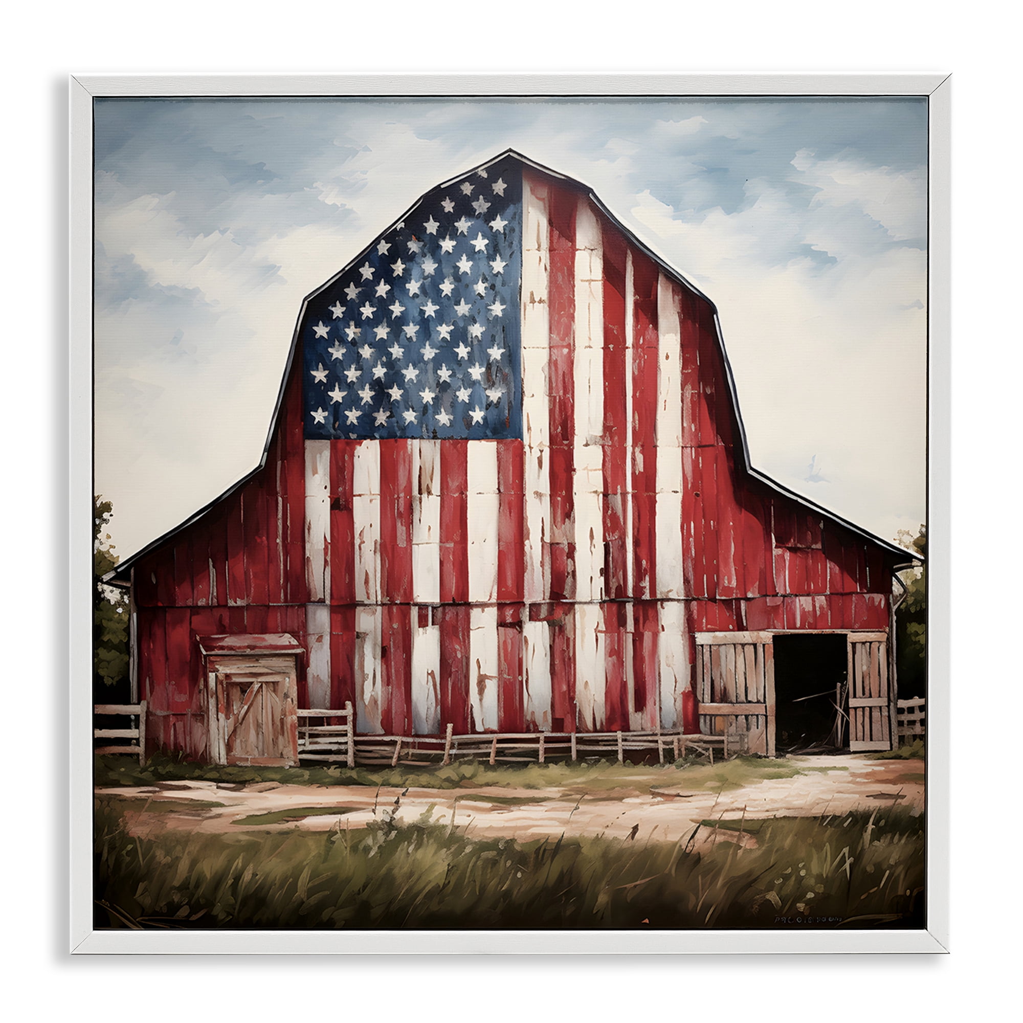Stupell Industries Americana Barn View Landscape Painting White Framed Art Print Wall Art, 17 x 17