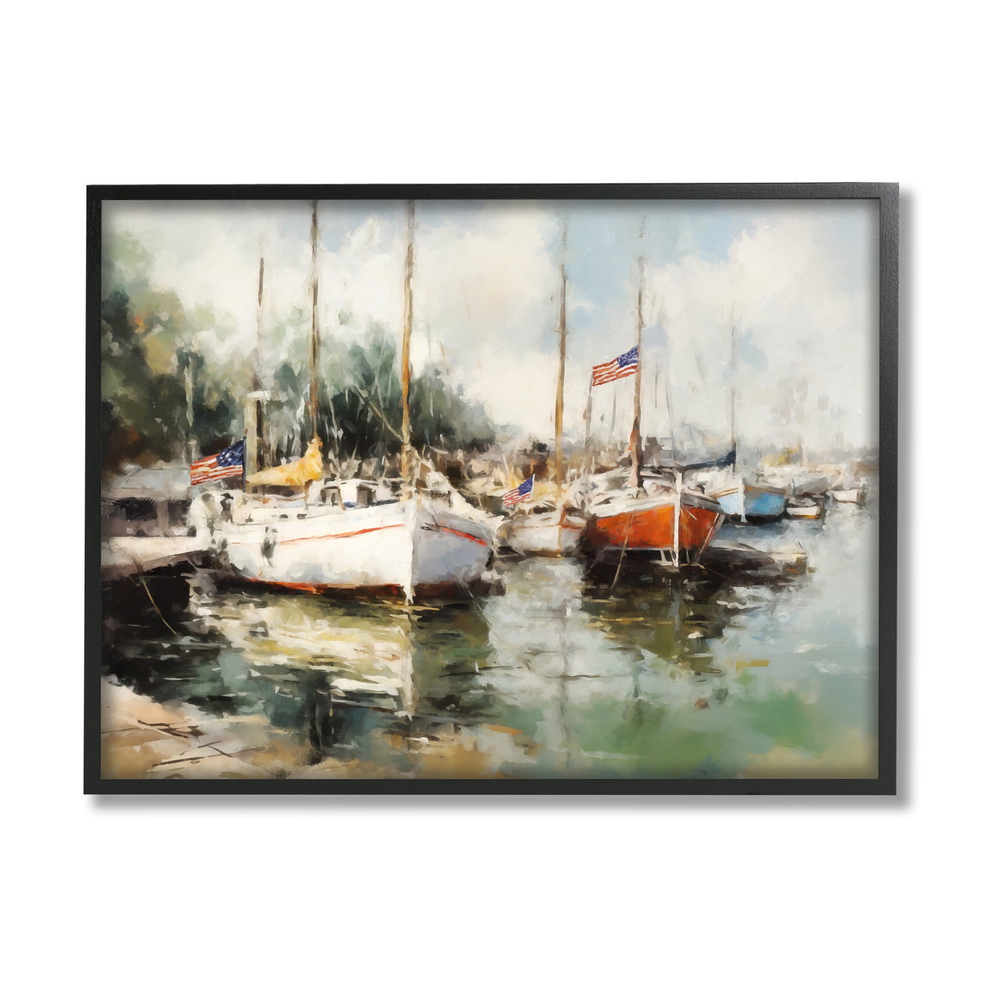 Stupell Industries Americana Boat Harbor Transportation Painting Black Framed Art Print Wall Art, 14 x 11