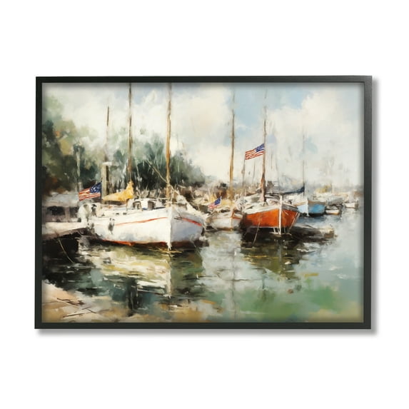 Stupell Industries Americana Boat Harbor Transportation Painting Black Framed Art Print Wall Art, 20 x 16