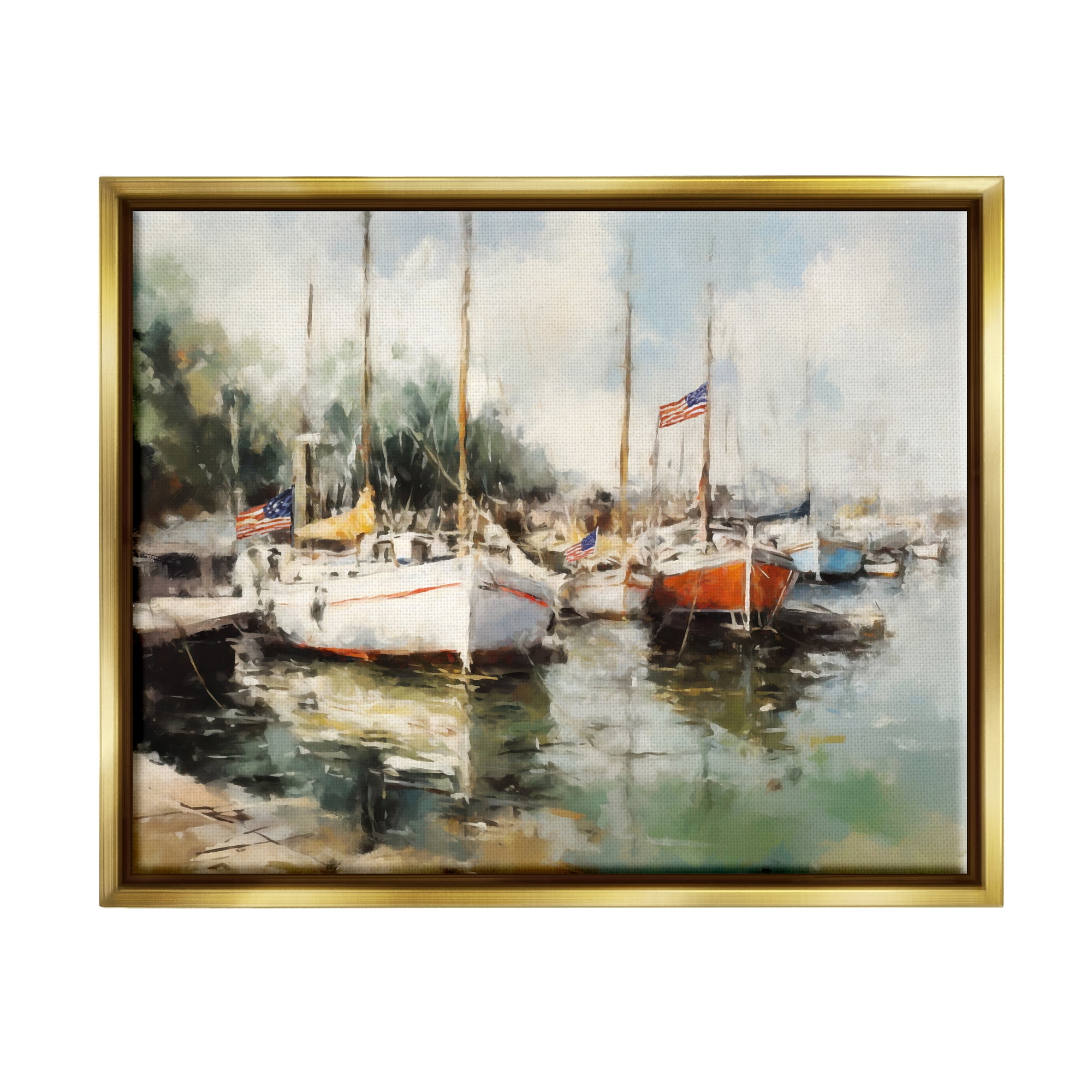 Stupell Industries Americana Boat Harbor Transportation Painting Gold Floater Framed Canvas Art Print Wall Art, 21 x 17