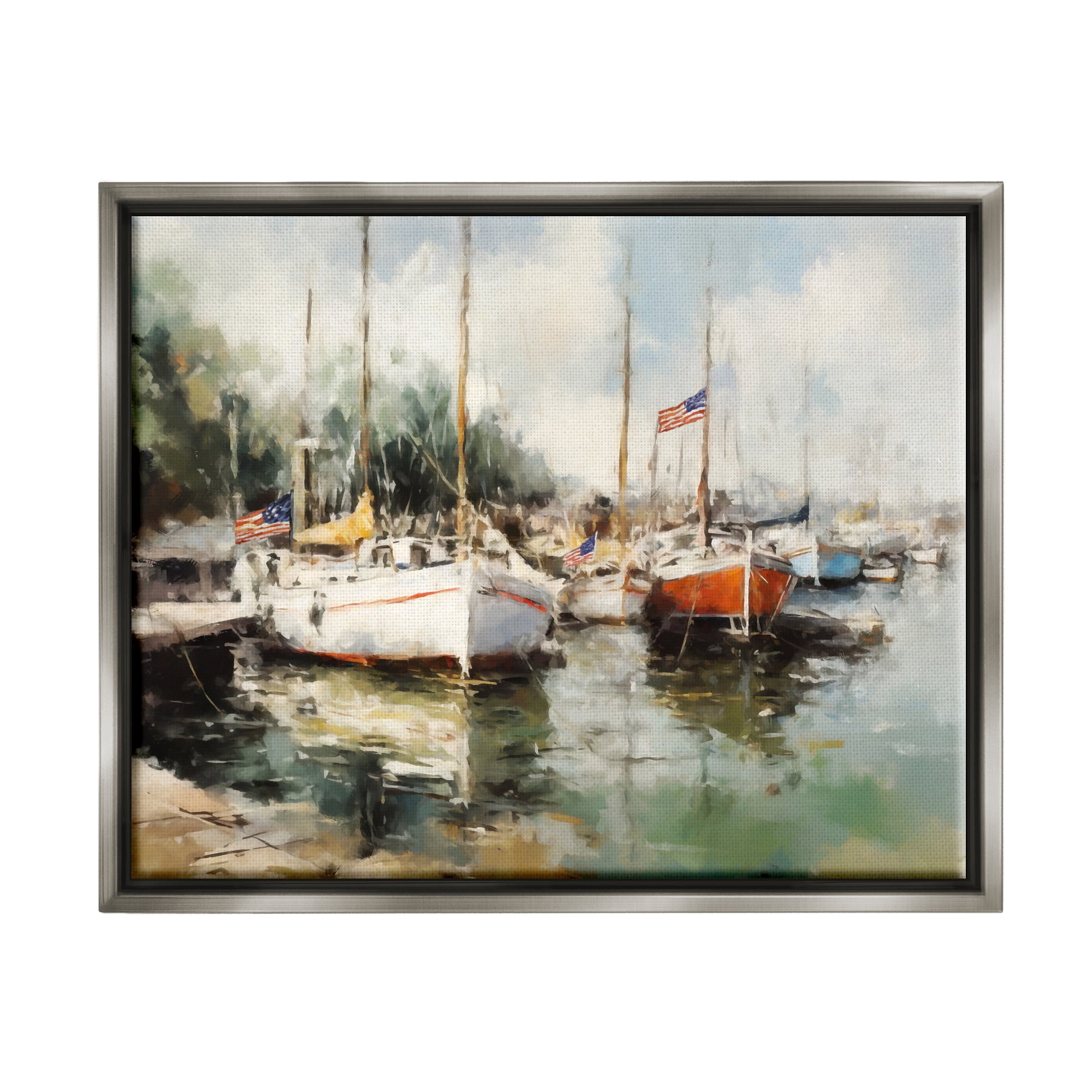 Stupell Industries Americana Boat Harbor Transportation Painting Gray Floater Framed Canvas Art Print Wall Art, 21 x 17