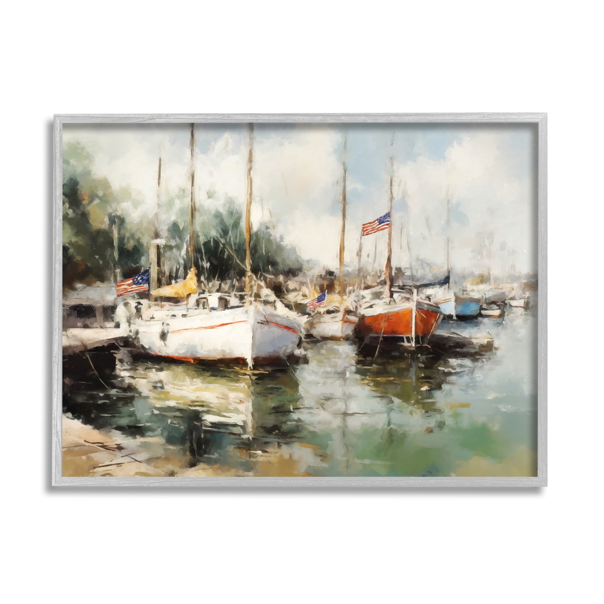 Stupell Industries Americana Boat Harbor Transportation Painting Gray Framed Art Print Wall Art, 20 x 16