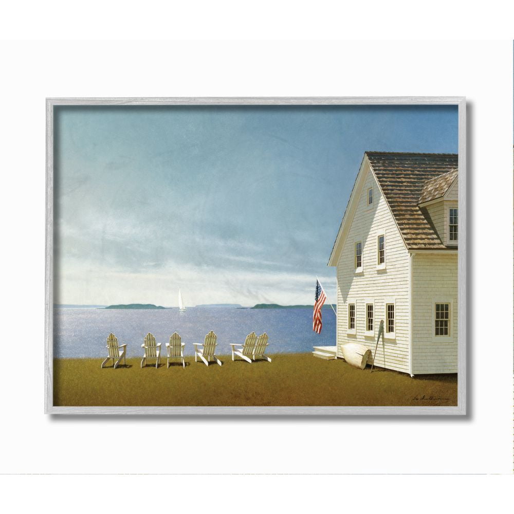 Stupell Industries Americana Cape House Coastal Landscape Charm Painting Framed Wall Art Design by Zhen-Huan Lu, 16" x 20", Gray Framed