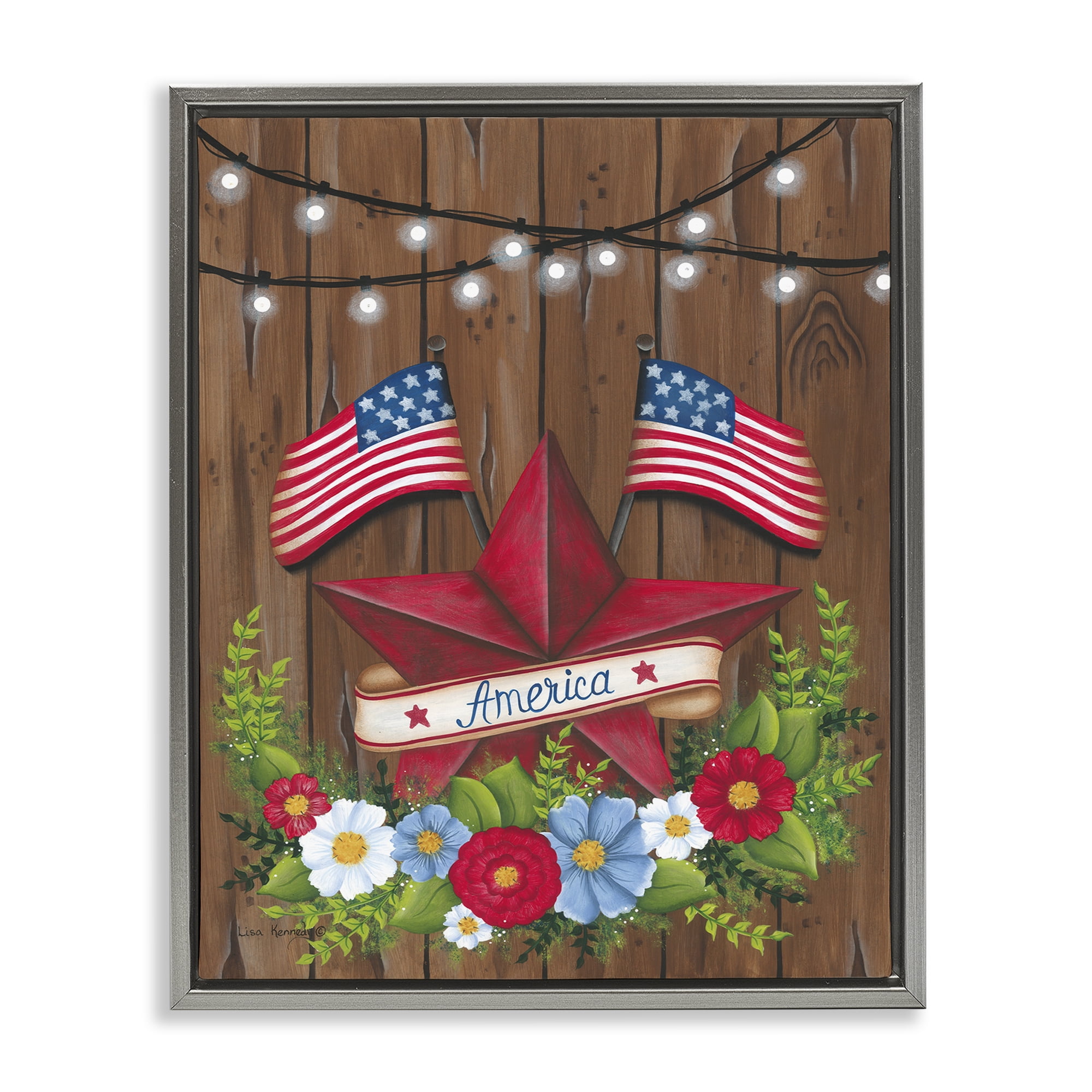 Stupell Industries Americana Country Garland Holiday Painting Gray Floater Framed Canvas Art Print Wall Art, 17 x 21