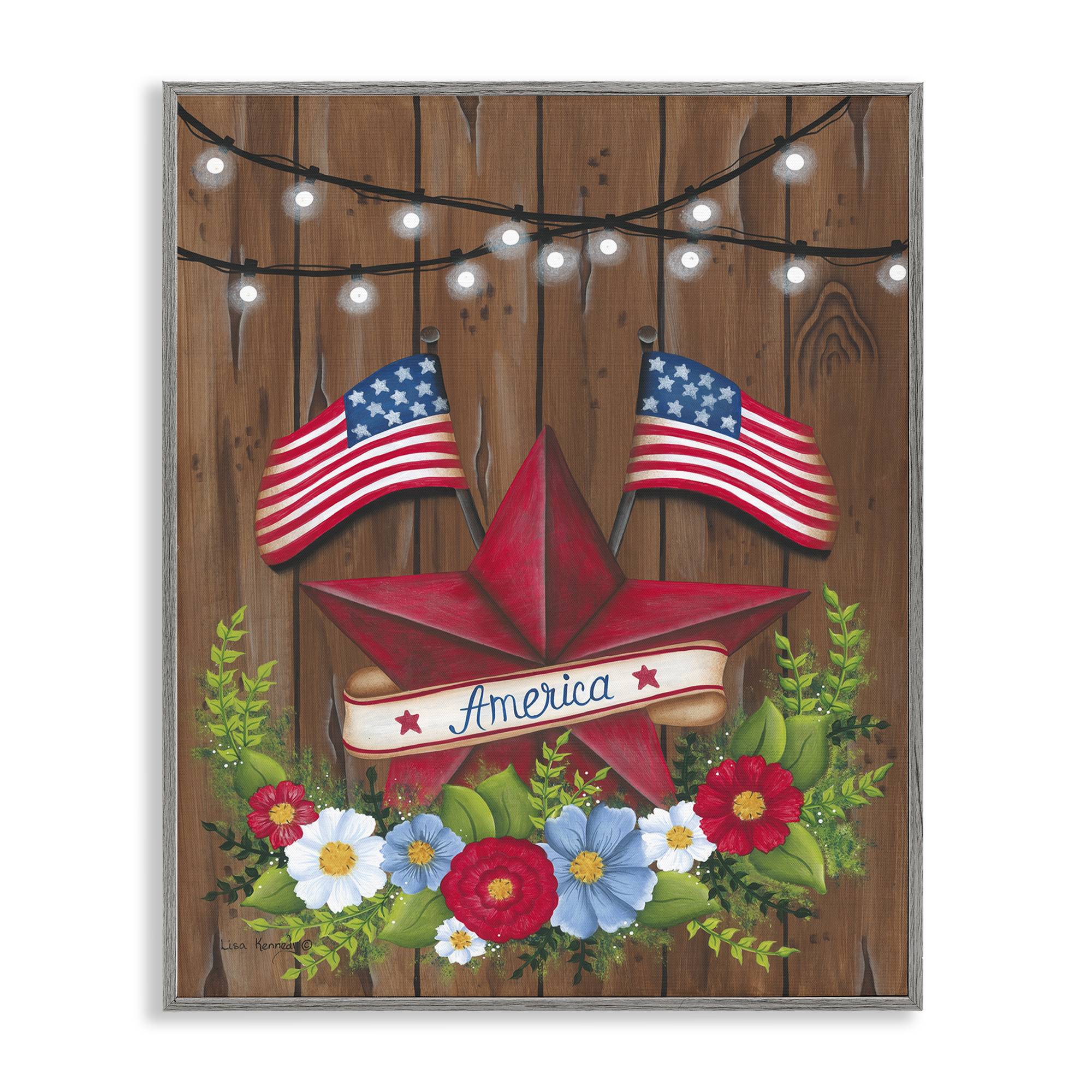 Stupell Industries Americana Country Garland Holiday Painting Gray Framed Art Print Wall Art, 16 x 20