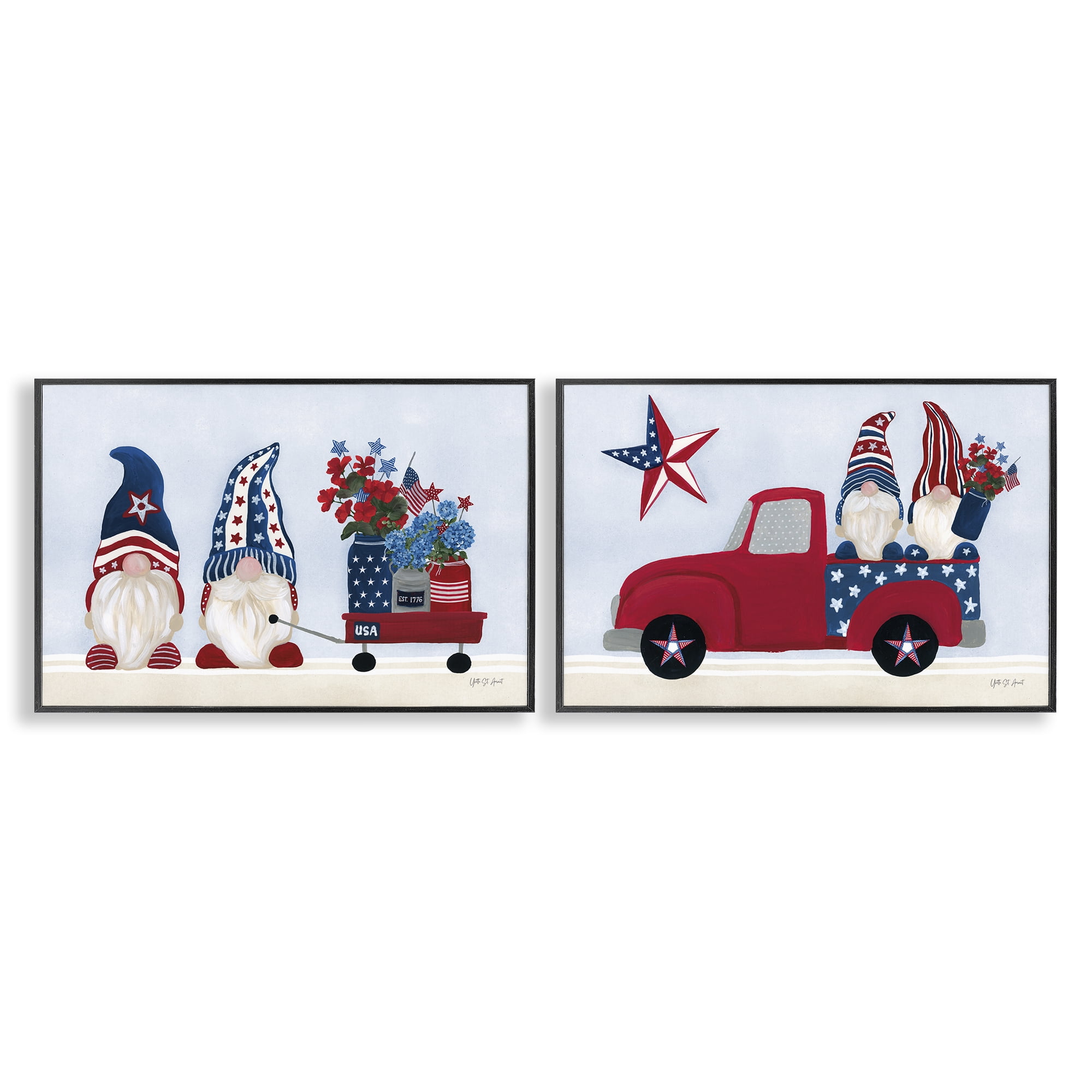 Stupell Industries Americana Florals & Gnomes Fantasy & Sci-Fi Painting Black Framed Art Print Wall Art, 24 x 16, Set of 2