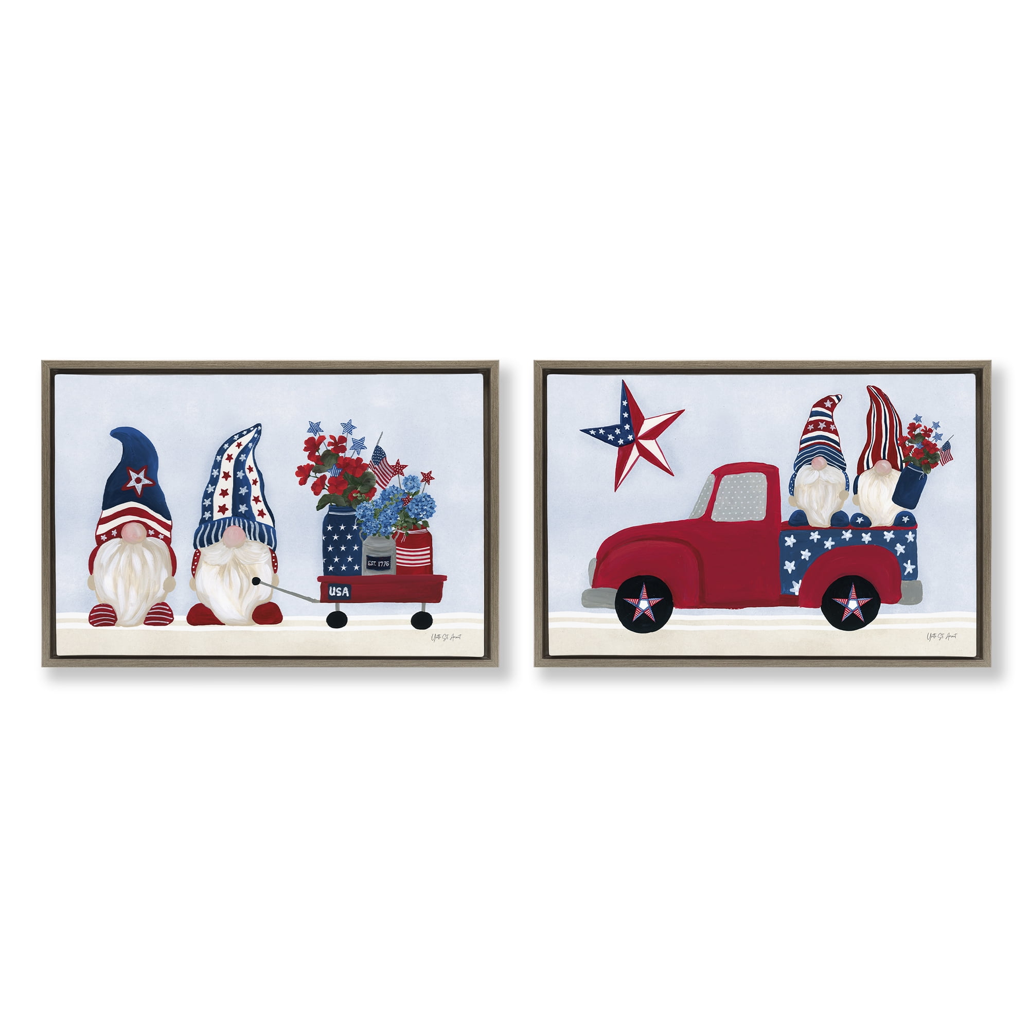 Stupell Industries Americana Florals & Gnomes Fantasy & Sci-Fi Painting Brown Floater Framed Canvas Art Print Wall Art, 25 x 17, Set of 2