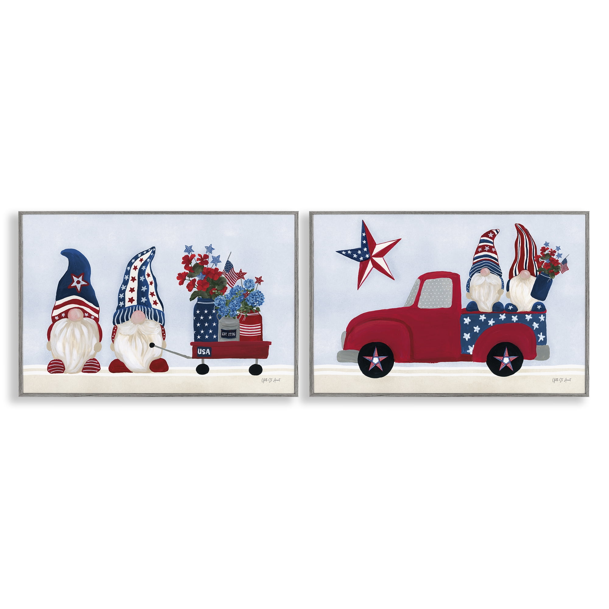 Stupell Industries Americana Florals & Gnomes Fantasy & Sci-Fi Painting Gray Framed Art Print Wall Art, 30 x 20, Set of 2