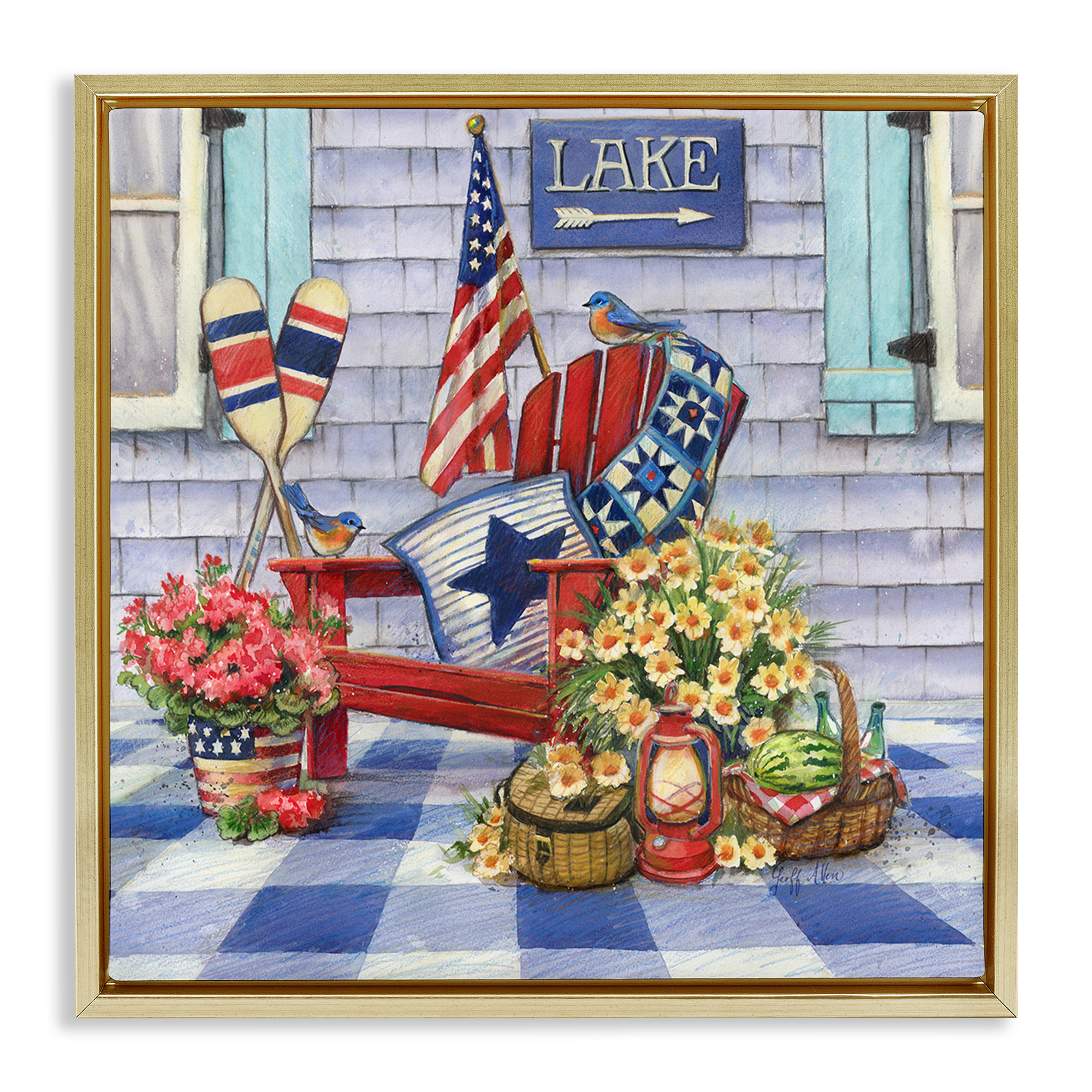 Stupell Industries Americana Porch View Patriotic Painting Gold Floater Framed Canvas Art Print Wall Art, 18 x 18