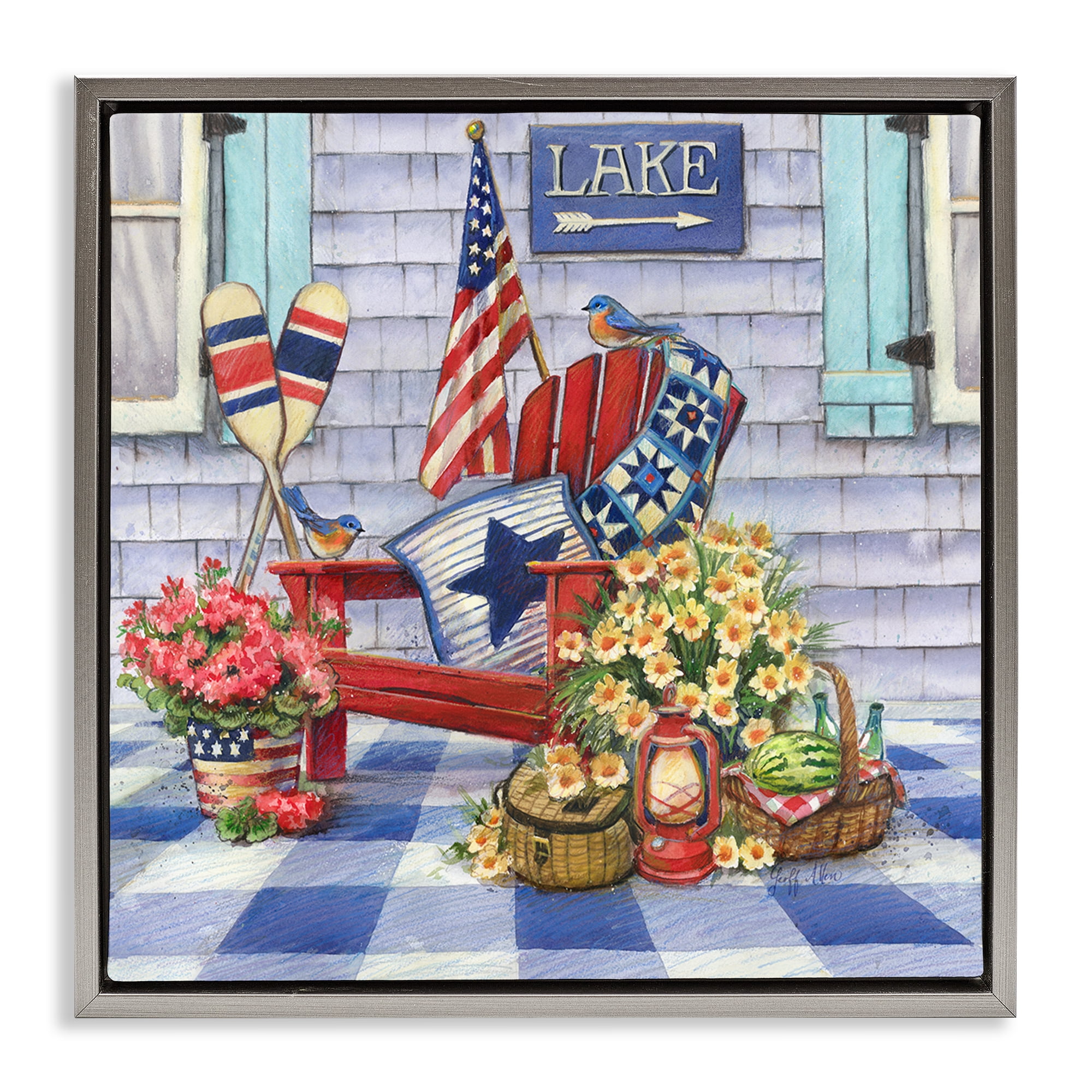 Stupell Industries Americana Porch View Patriotic Painting Gray Floater Framed Canvas Art Print Wall Art, 25 x 25
