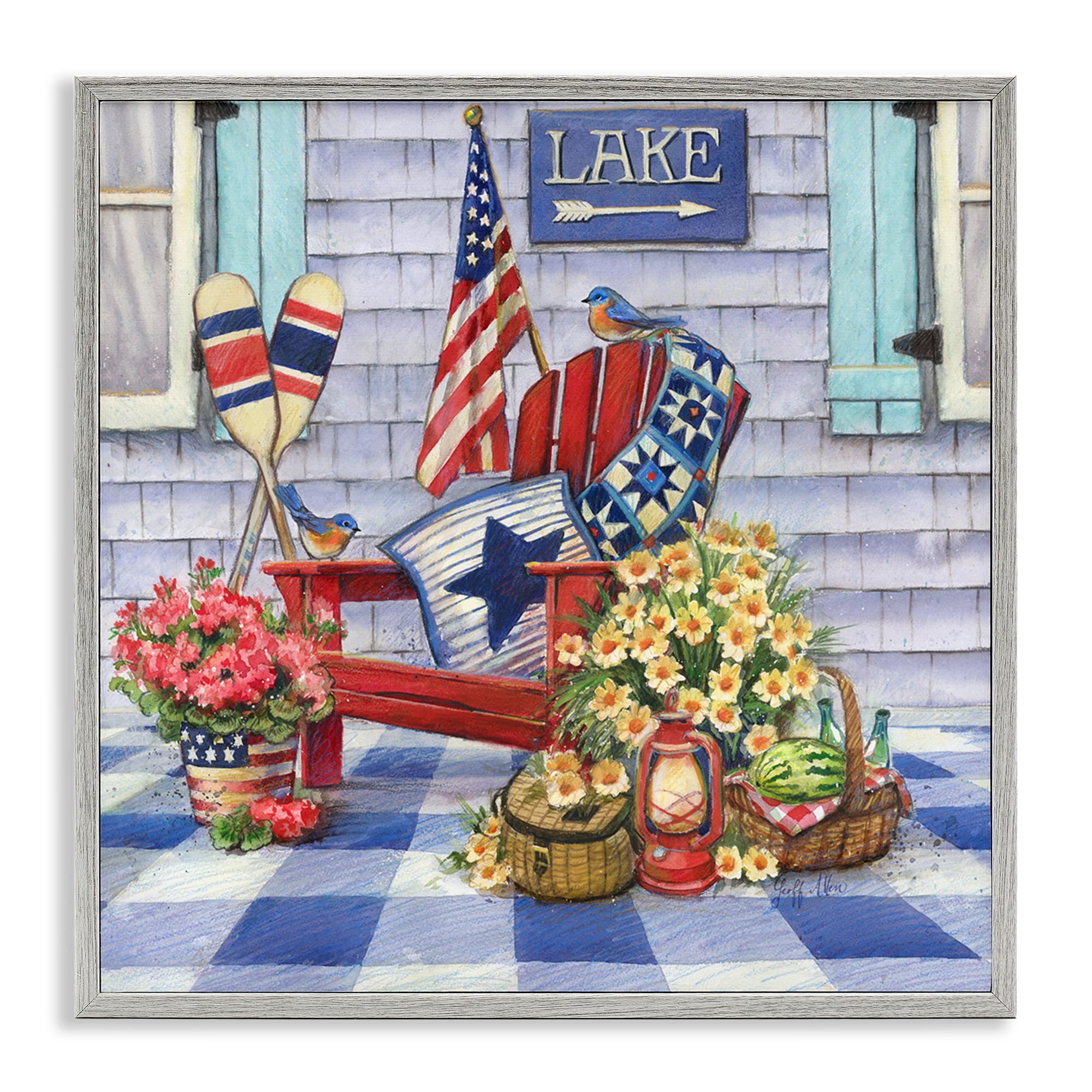 Stupell Industries Americana Porch View Patriotic Painting Gray Framed Art Print Wall Art, 12 x 12