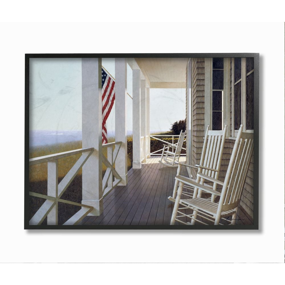 Stupell Industries Americana Rocking Chair Cape Porch Realistic Painting Framed Wall Art Design by Zhen-Huan Lu, 16" x 20", Black Framed