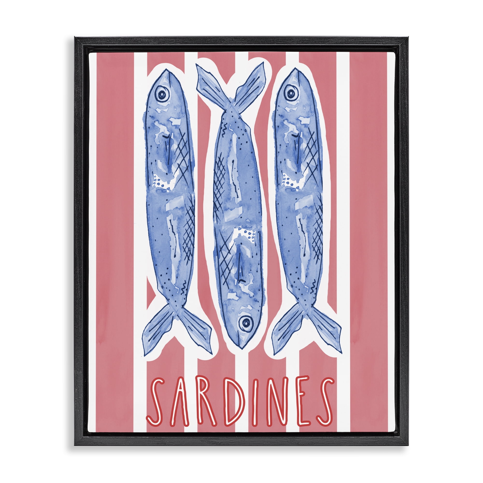 Stupell Industries Americana Sardines on Pink Stripes Black Framed Floater Canvas Wall Art, design by Nola James
