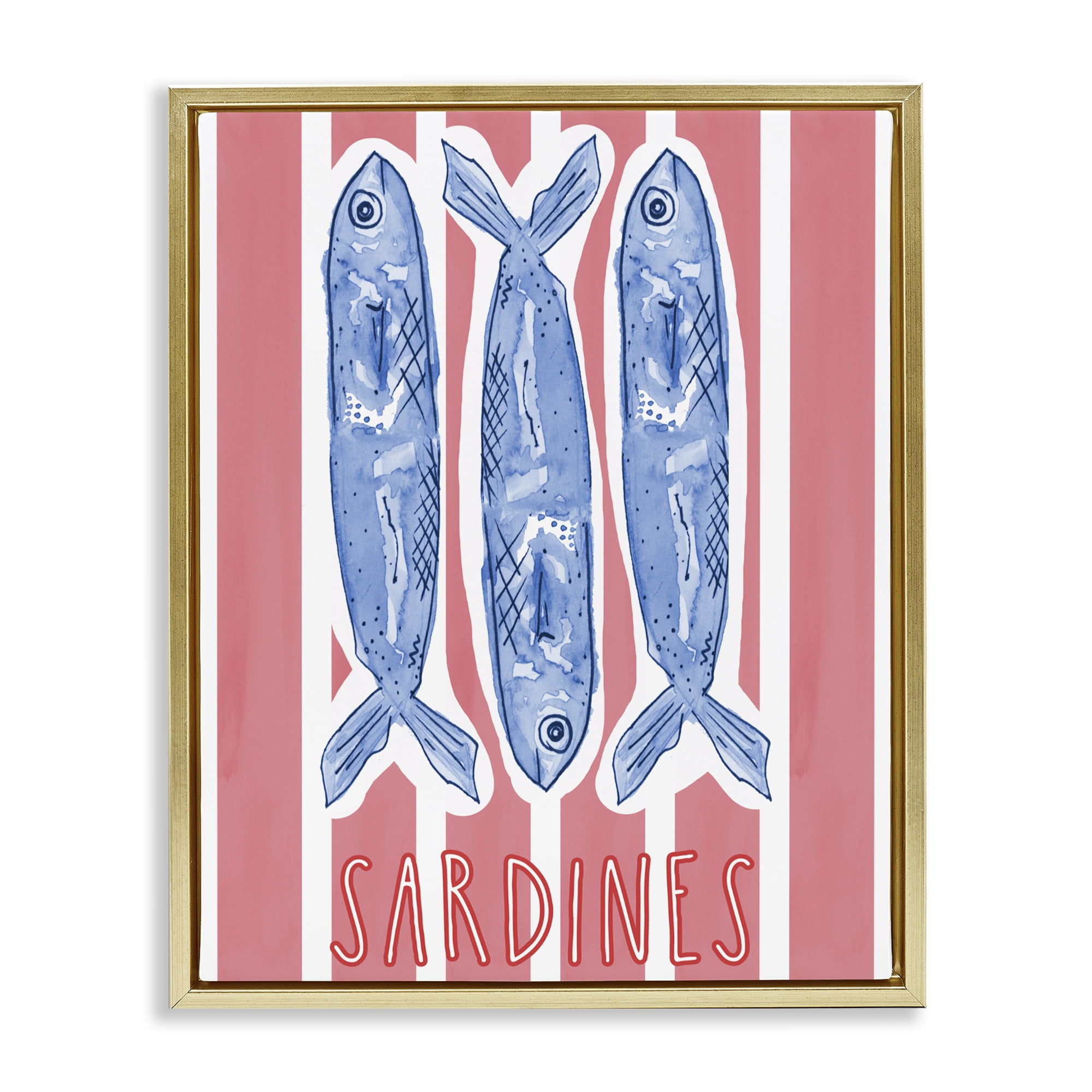 Stupell Industries Americana Sardines on Pink Stripes Gold Framed Floater Canvas Wall Art, design by Nola James