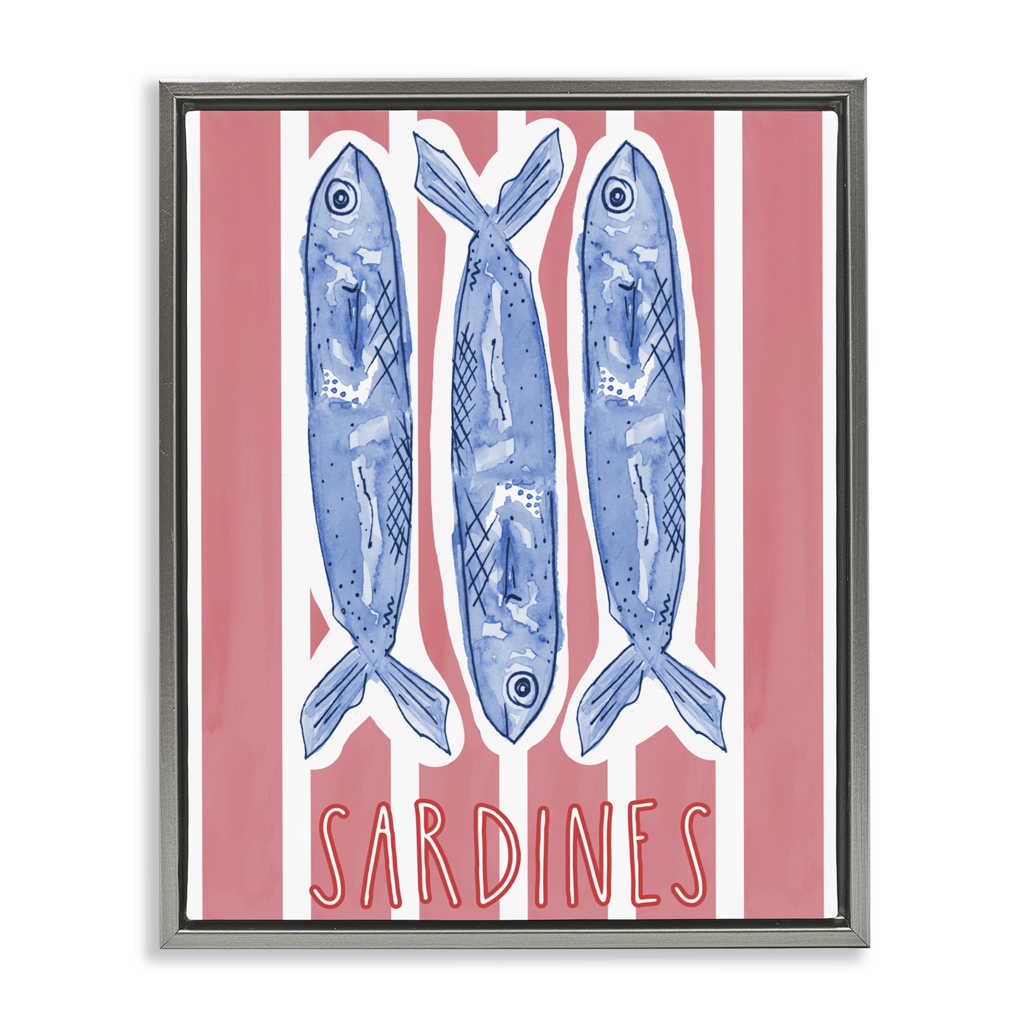 Stupell Industries Americana Sardines on Pink Stripes Gray Framed Floater Canvas Wall Art, design by Nola James