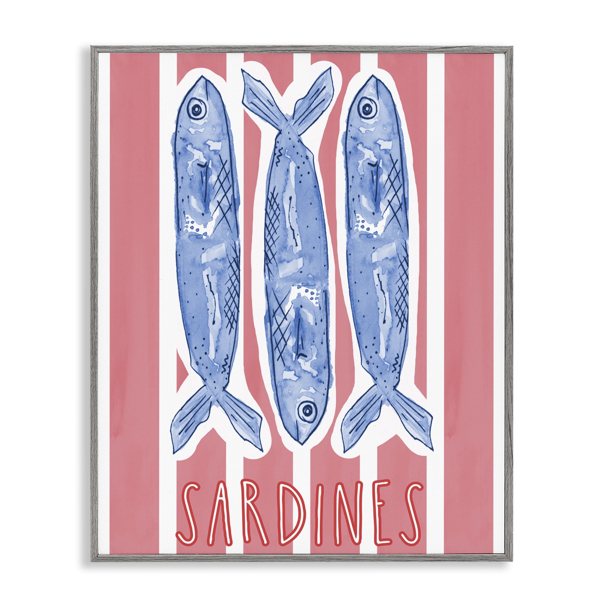 Stupell Industries Americana Sardines on Pink Stripes Gray Framed Giclee Art, design by Nola James