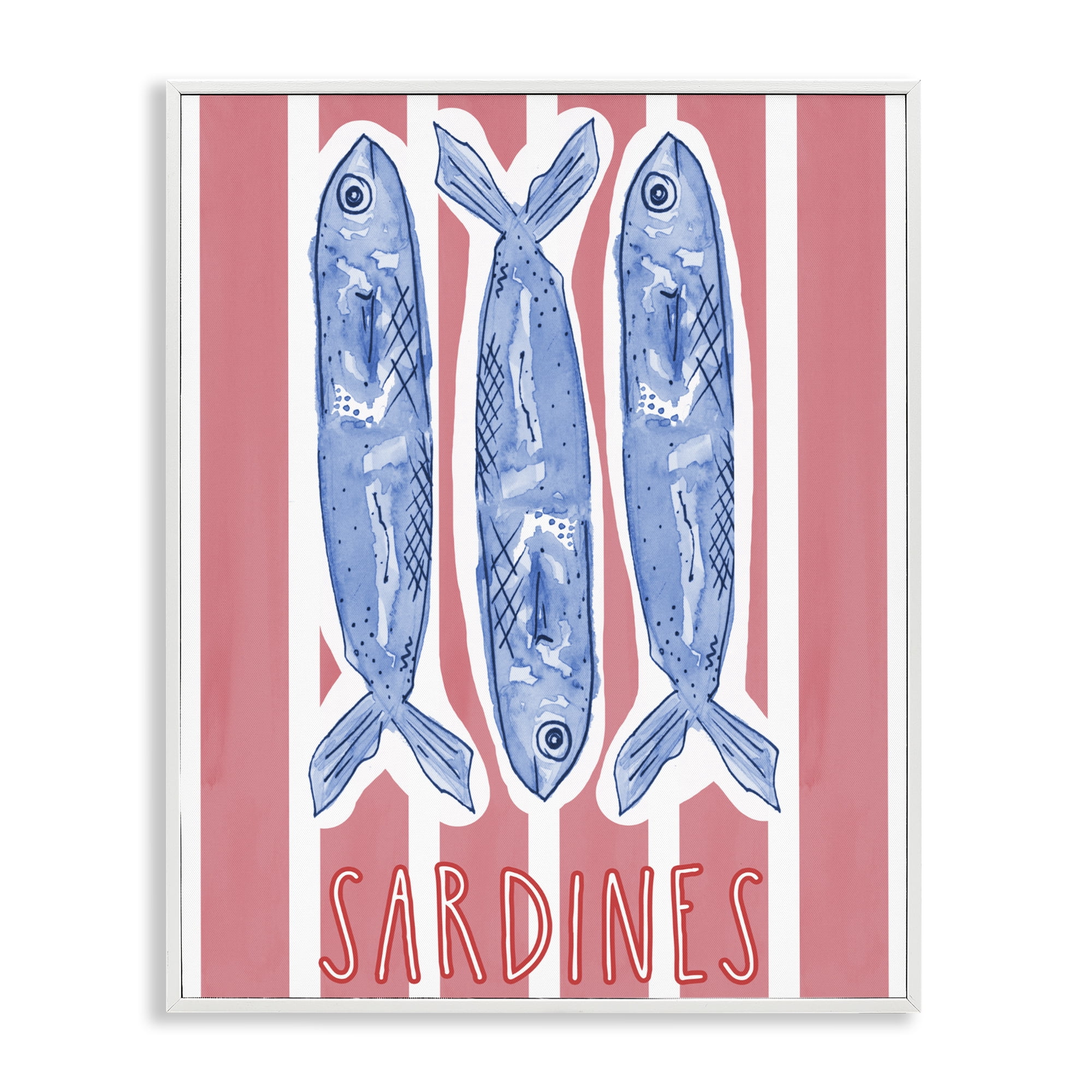 Stupell Industries Americana Sardines on Pink Stripes White Framed Giclee Art, design by Nola James