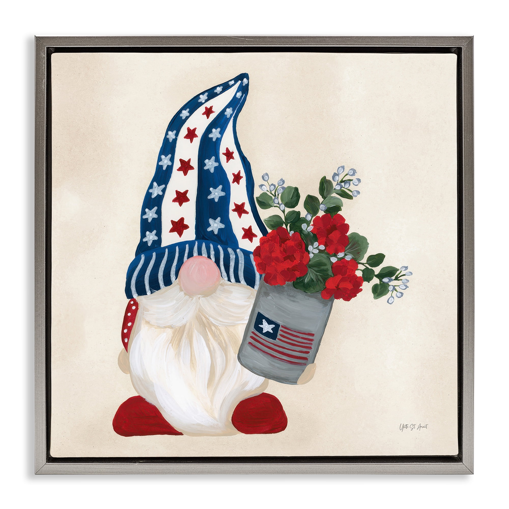 Stupell Industries Americana Summer Gnome Fantasy & Sci-Fi Painting Gray Floater Framed Canvas Art Print Wall Art, 25 x 25