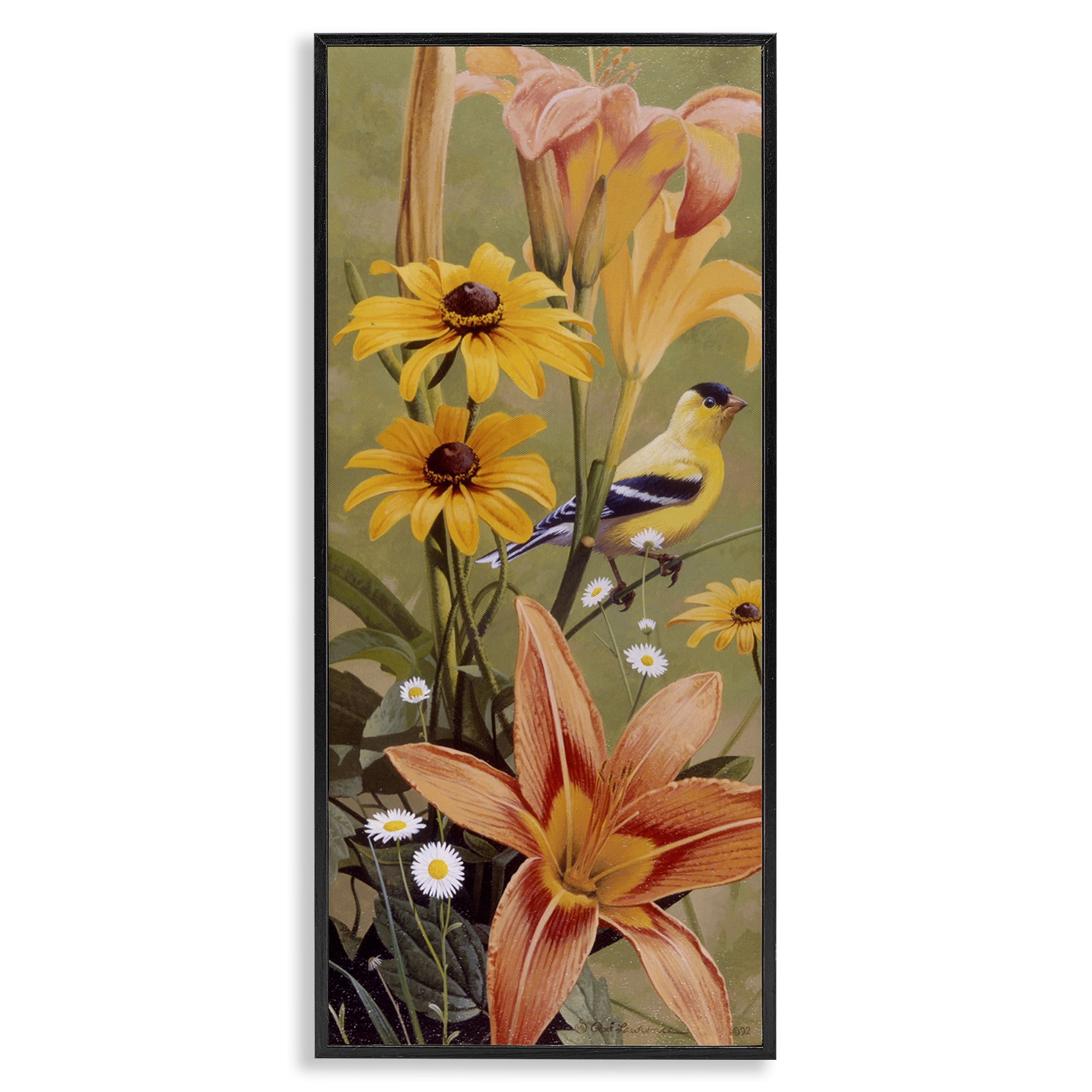 Stupell Industries Among the Flowers Bird Plants & Flowers Painting Black Framed Art Print Wall Art, 10 x 24