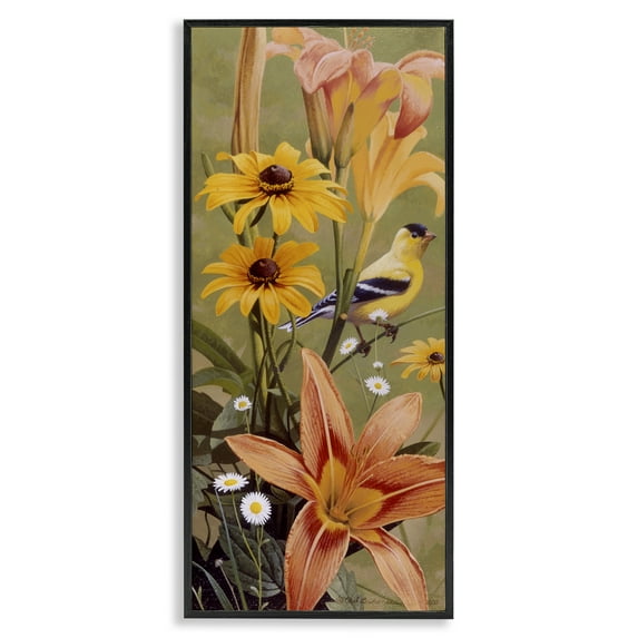 Stupell Industries Among the Flowers Bird Plants & Flowers Painting Black Framed Art Print Wall Art, 10 x 24