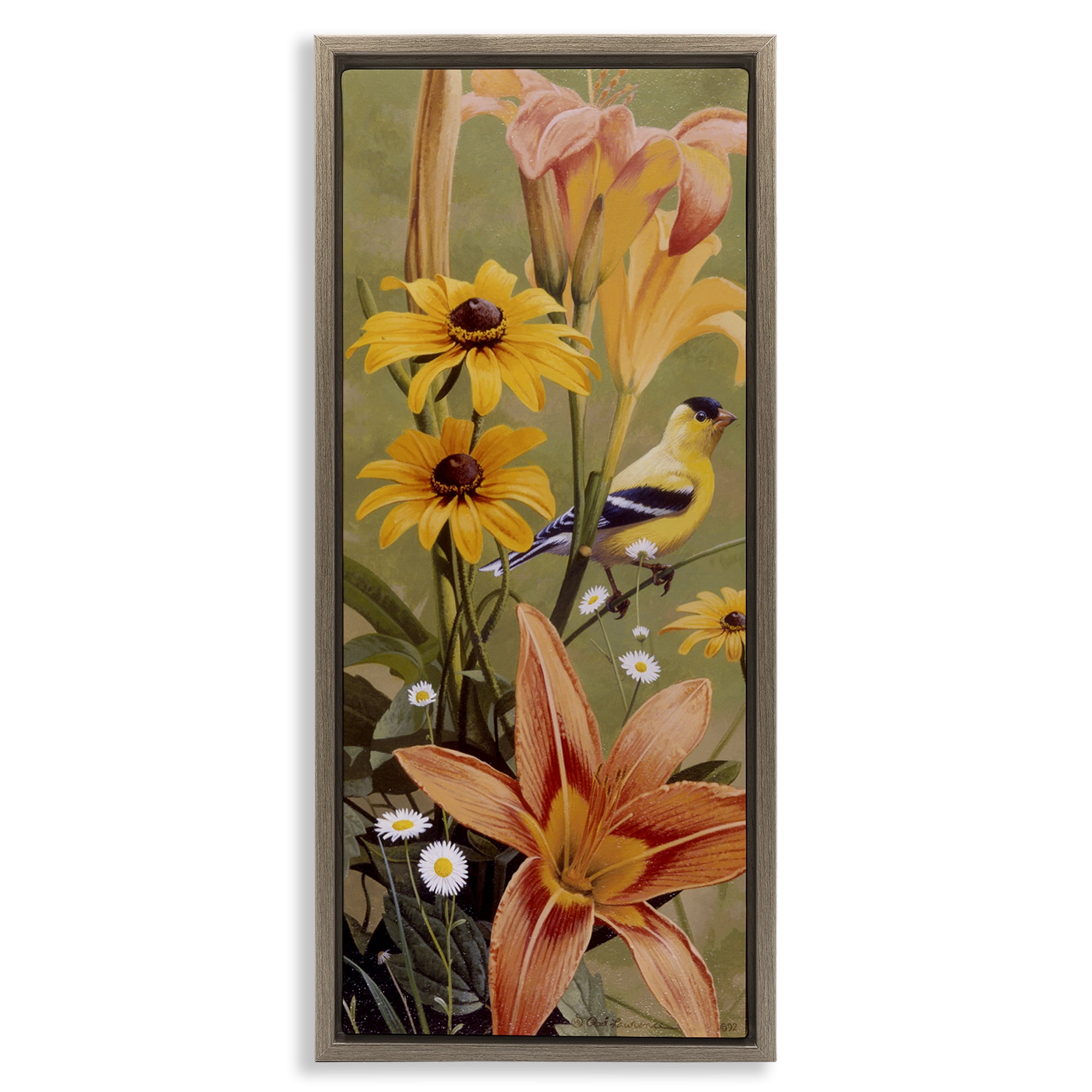 Stupell Industries Among the Flowers Bird Plants & Flowers Painting Brown Floater Framed Canvas Art Print Wall Art, 11 x 25