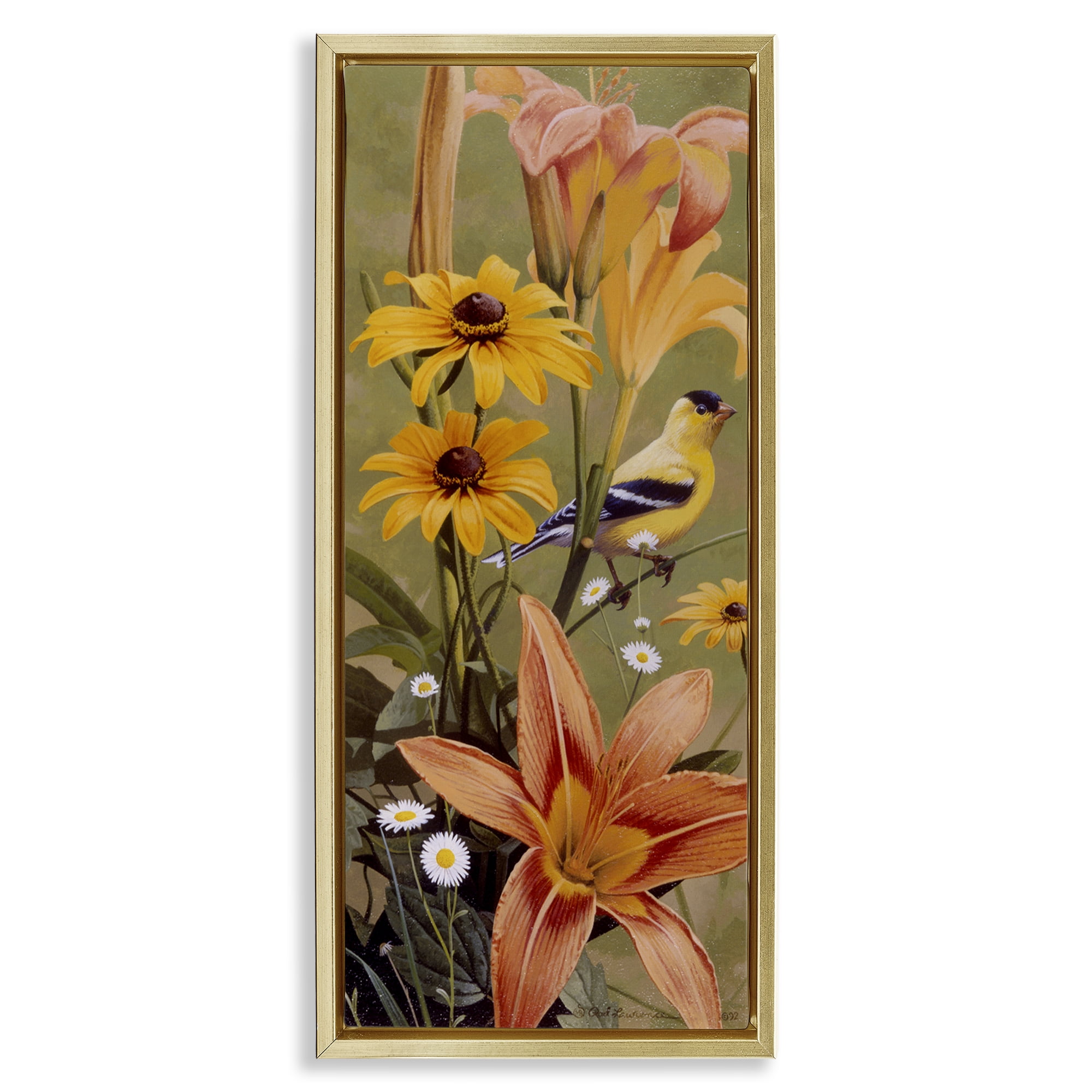 Stupell Industries Among the Flowers Bird Plants & Flowers Painting Gold Floater Framed Canvas Art Print Wall Art, 11 x 25