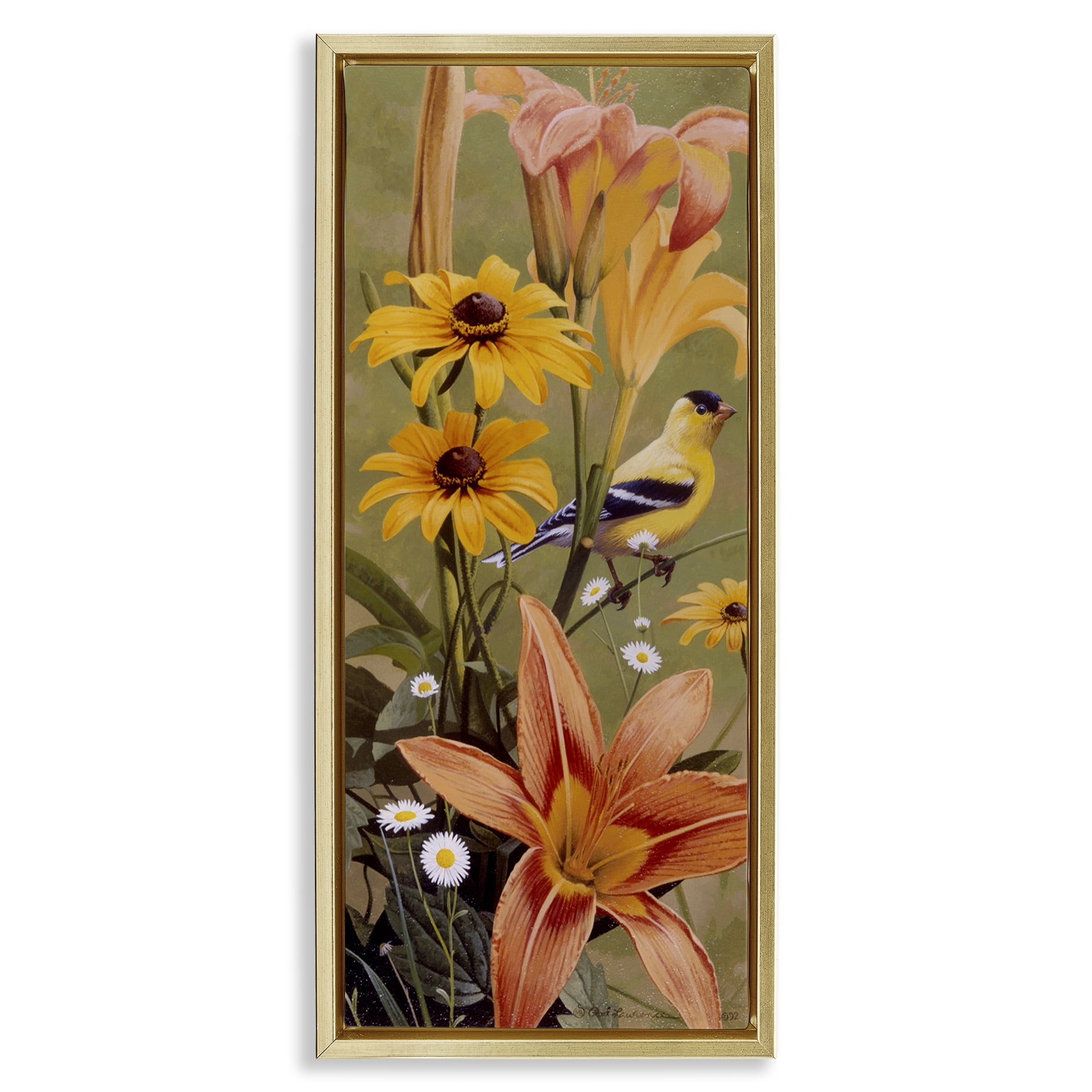 Stupell Industries Among the Flowers Bird Plants & Flowers Painting Gold Floater Framed Canvas Art Print Wall Art, 14 x 31