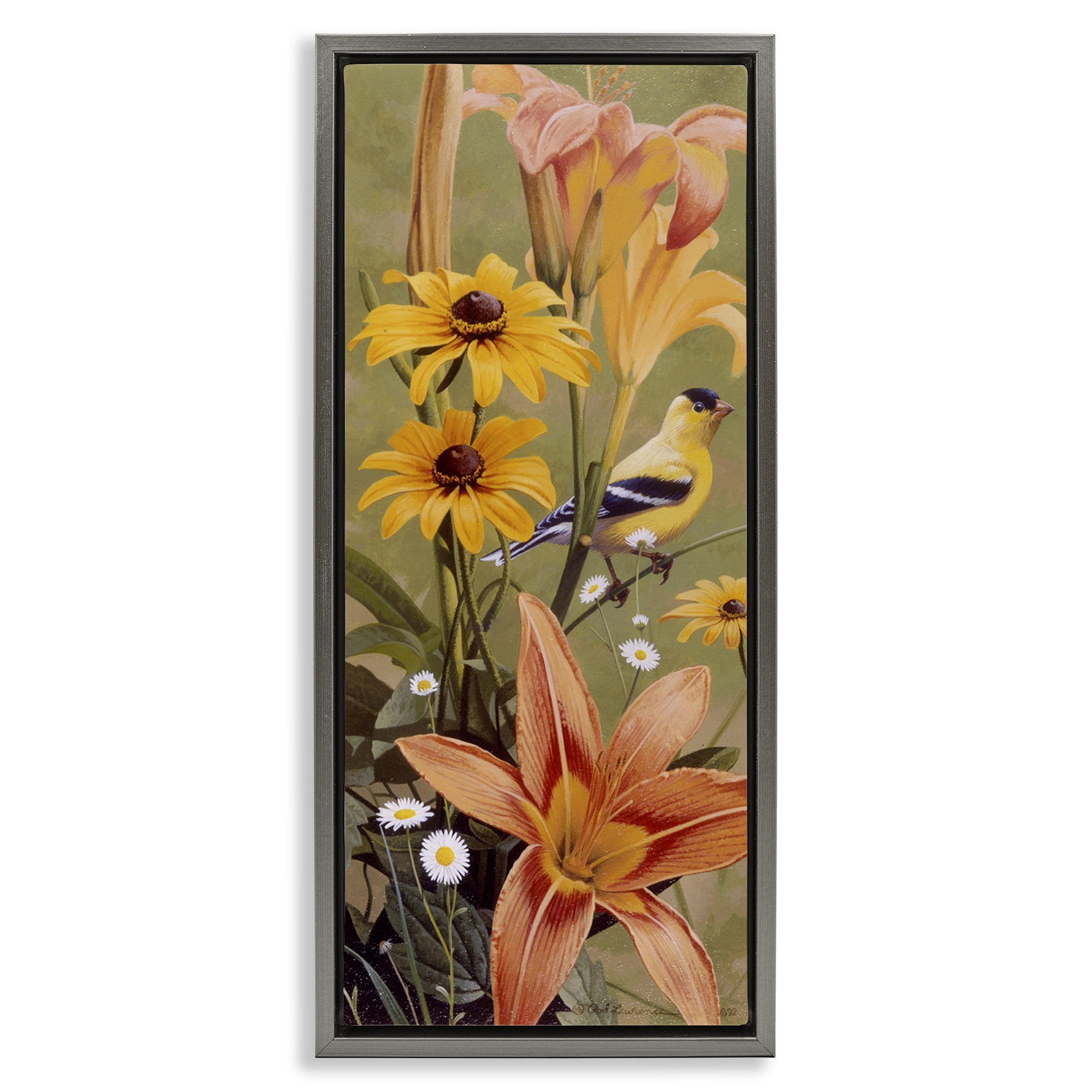Stupell Industries Among the Flowers Bird Plants & Flowers Painting Gray Floater Framed Canvas Art Print Wall Art, 11 x 25