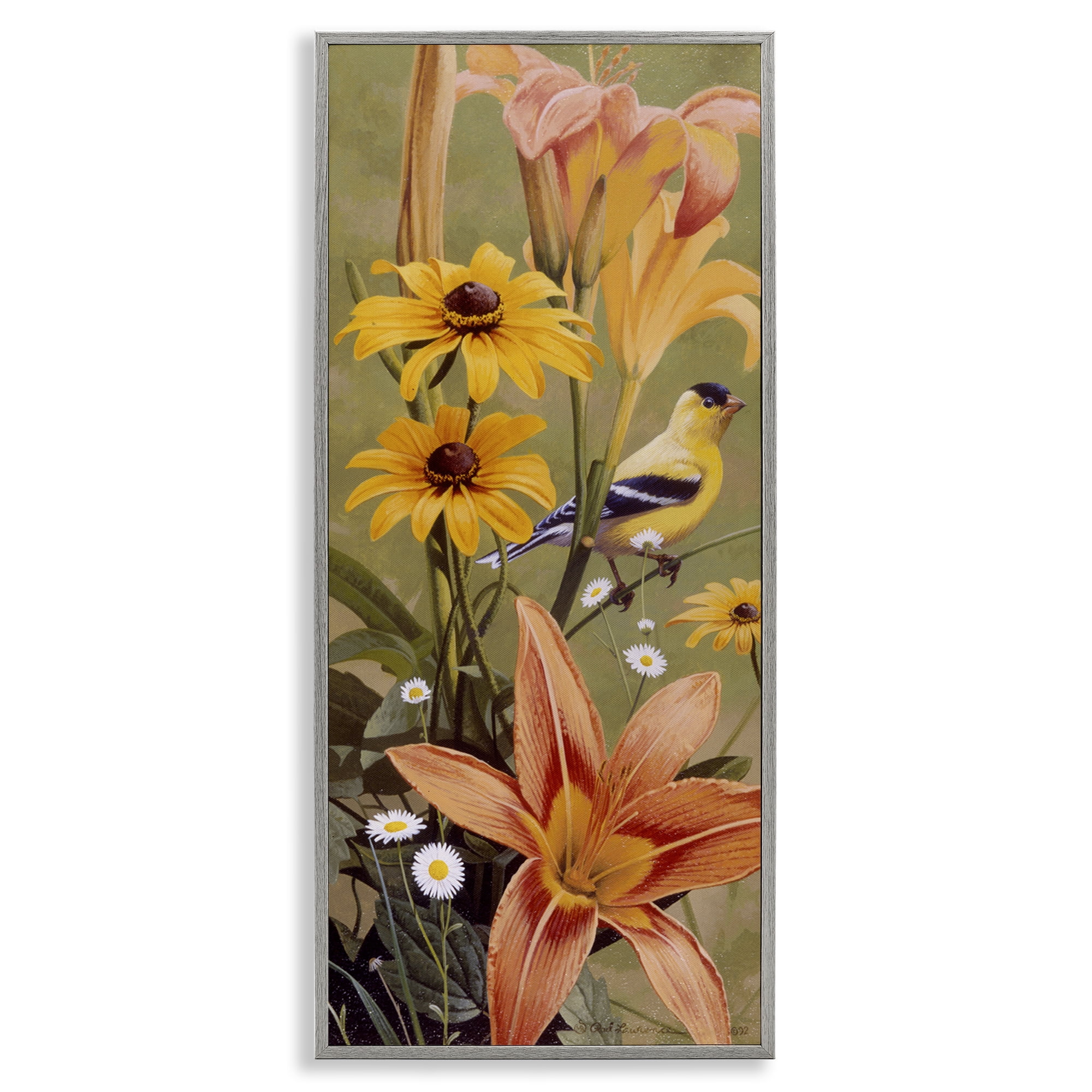 Stupell Industries Among the Flowers Bird Plants & Flowers Painting Gray Framed Art Print Wall Art, 13 x 30