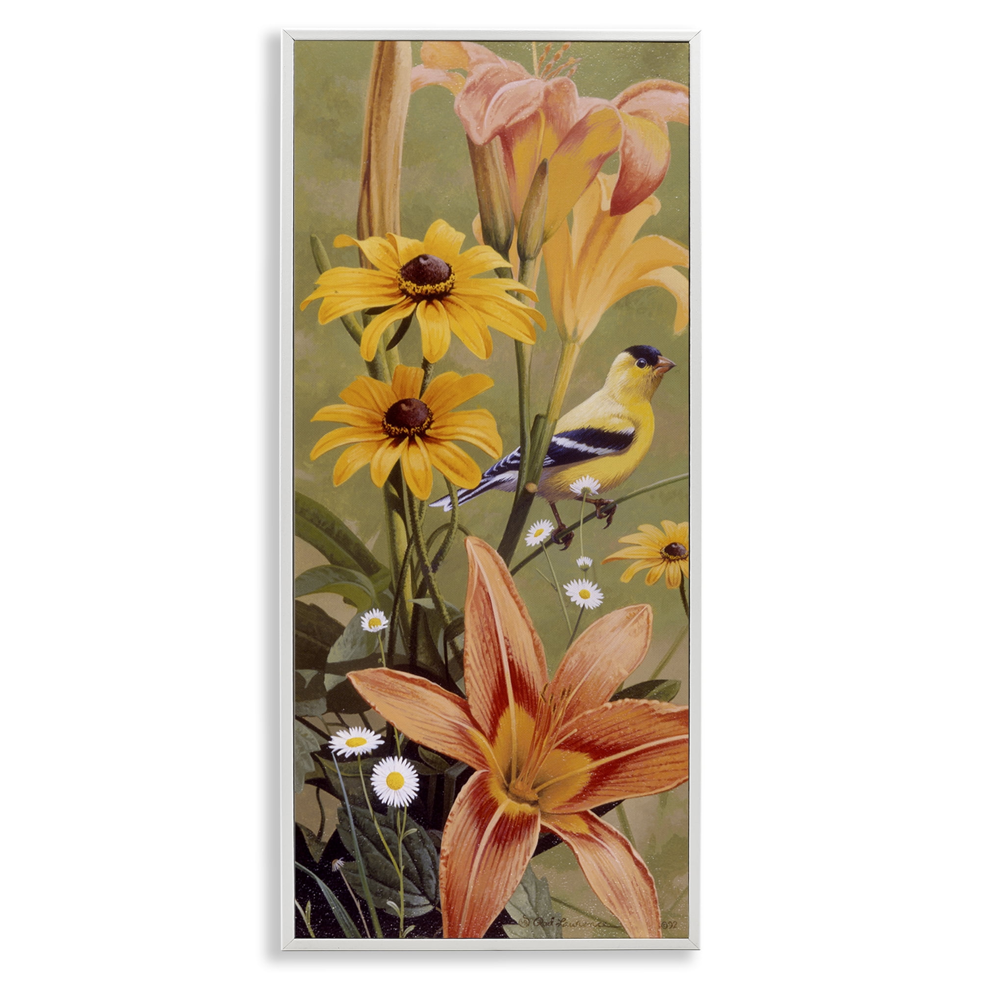 Stupell Industries Among the Flowers Bird Plants & Flowers Painting White Framed Art Print Wall Art, 10 x 24