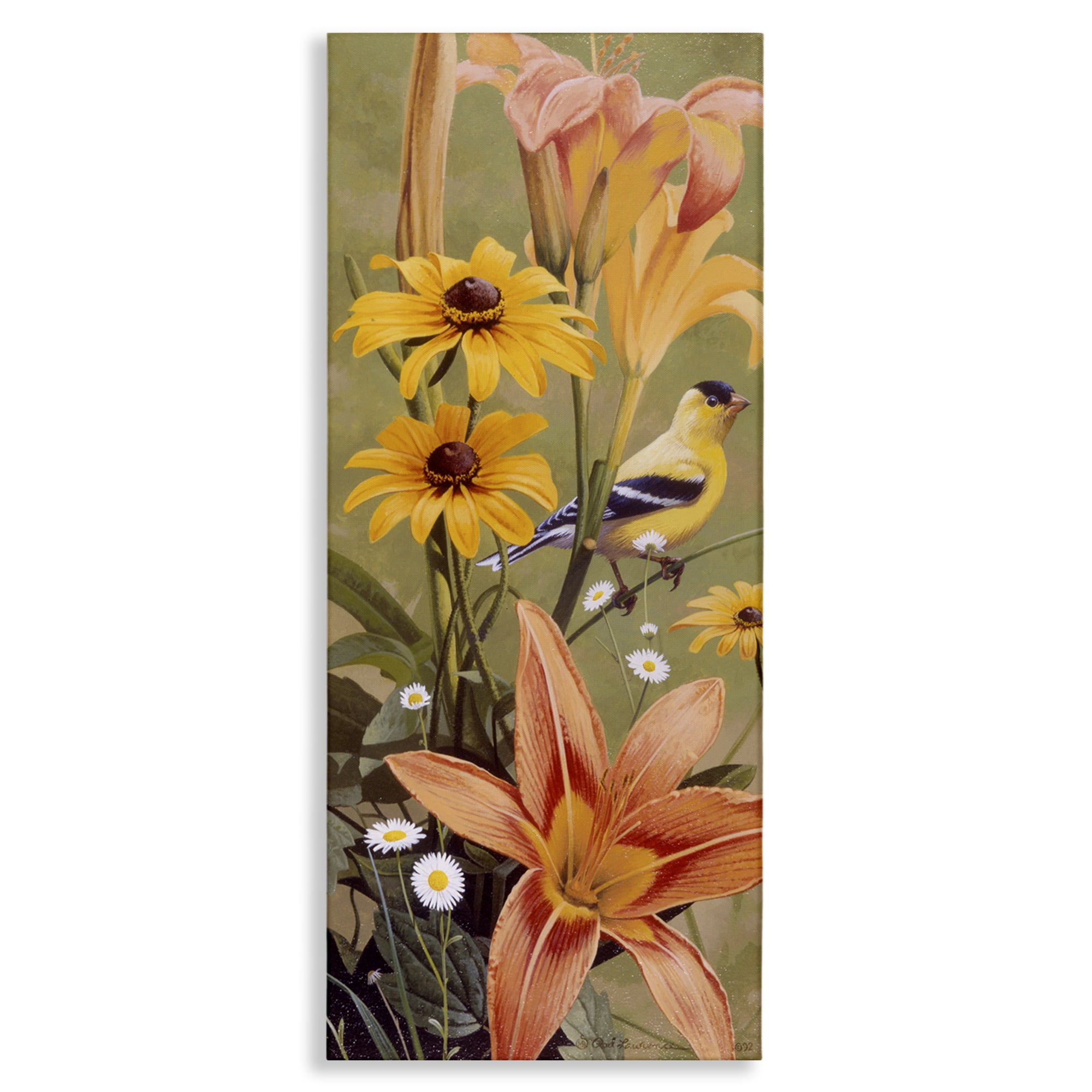 Stupell Industries Among the Flowers Bird Plants & Flowers Painting Wrapped Canvas Art Print Wall Art, 17 x 40