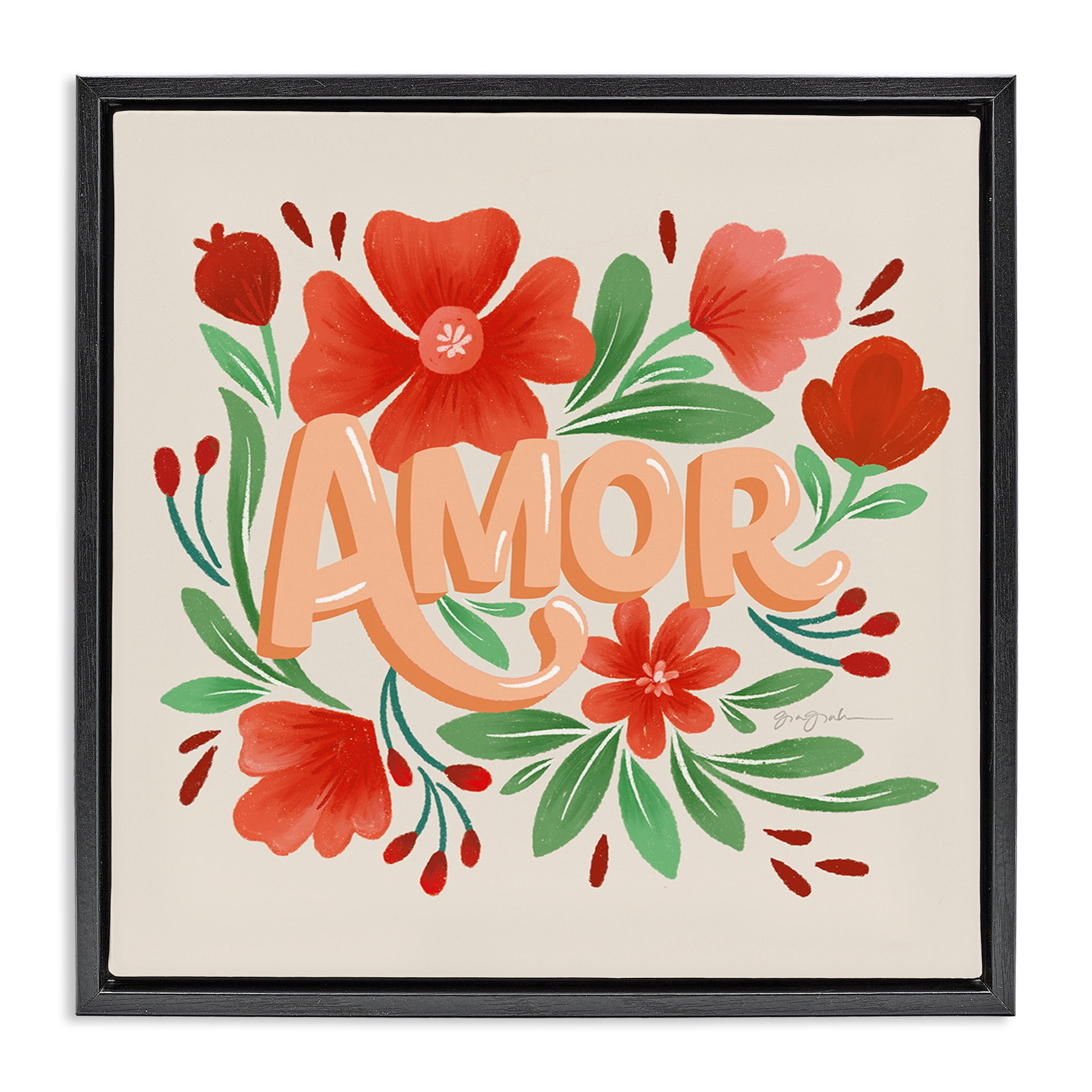 Stupell Industries Amor con Flores Rojas Floral & Botanical Painting Black Floater Framed Art Print Wall Art, 25 x 25