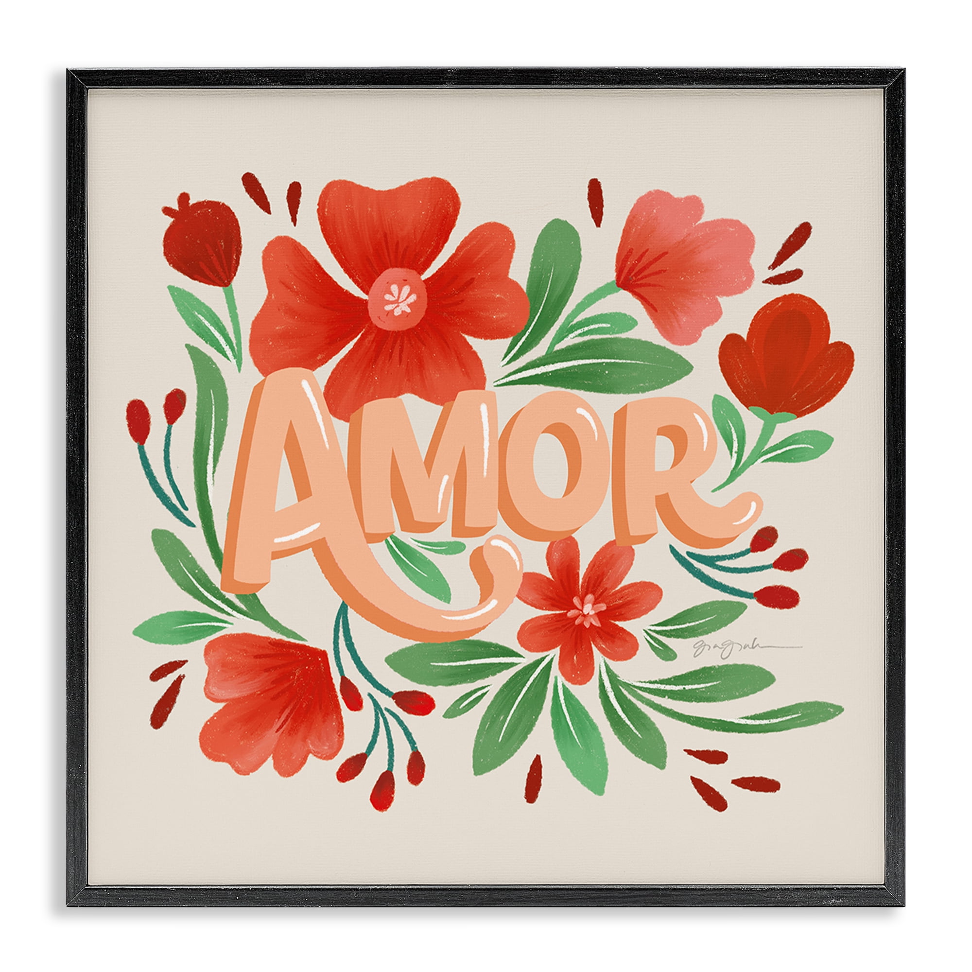 Stupell Industries Amor con Flores Rojas Floral & Botanical Painting Black Framed Art Print Wall Art, 24 x 24