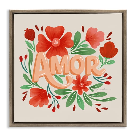 Stupell Industries Amor con Flores Rojas Floral & Botanical Painting Brown Floater Framed Art Print Wall Art, 18 x 18