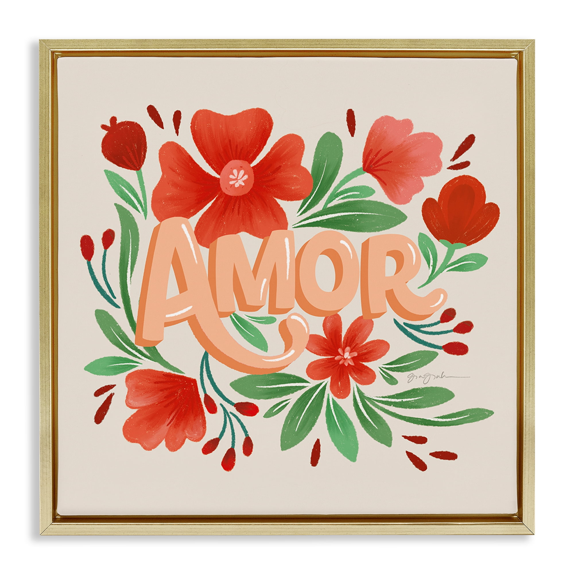 Stupell Industries Amor con Flores Rojas Floral & Botanical Painting Gold Floater Framed Art Print Wall Art, 18 x 18