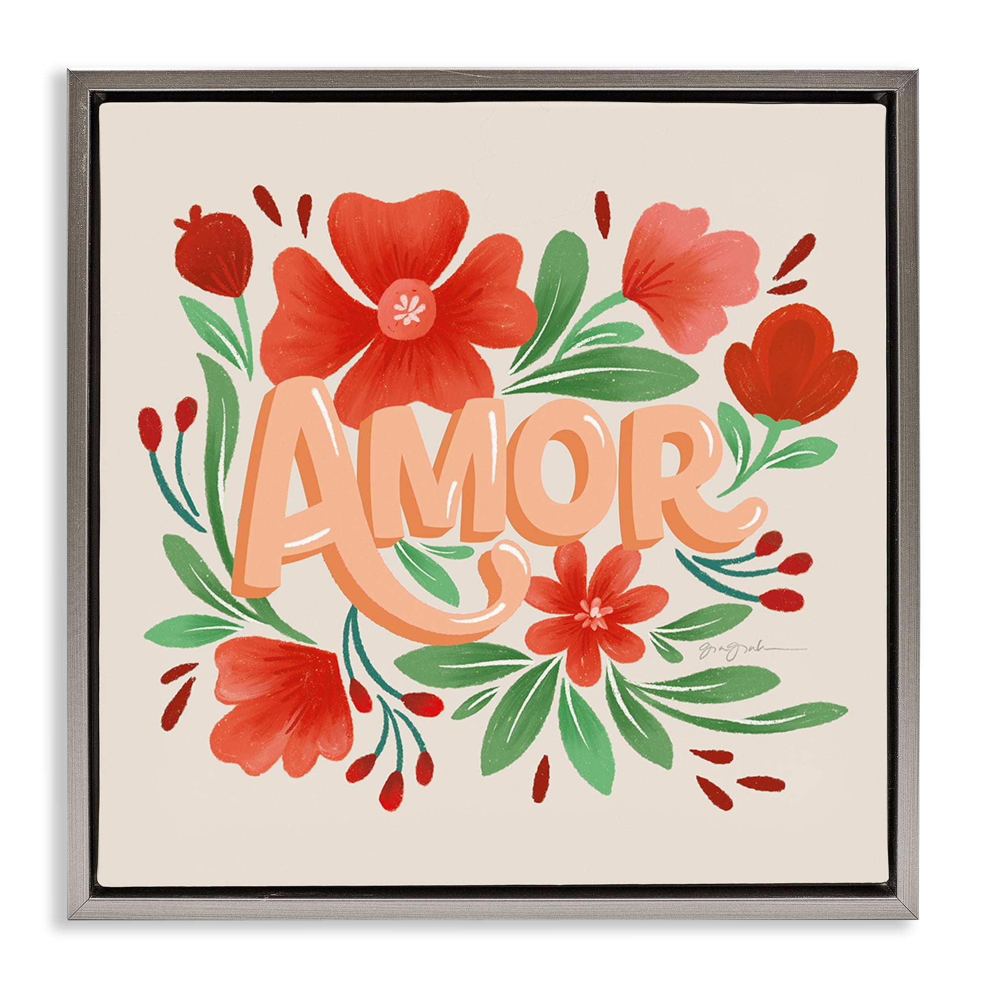 Stupell Industries Amor con Flores Rojas Floral & Botanical Painting Gray Floater Framed Art Print Wall Art, 18 x 18