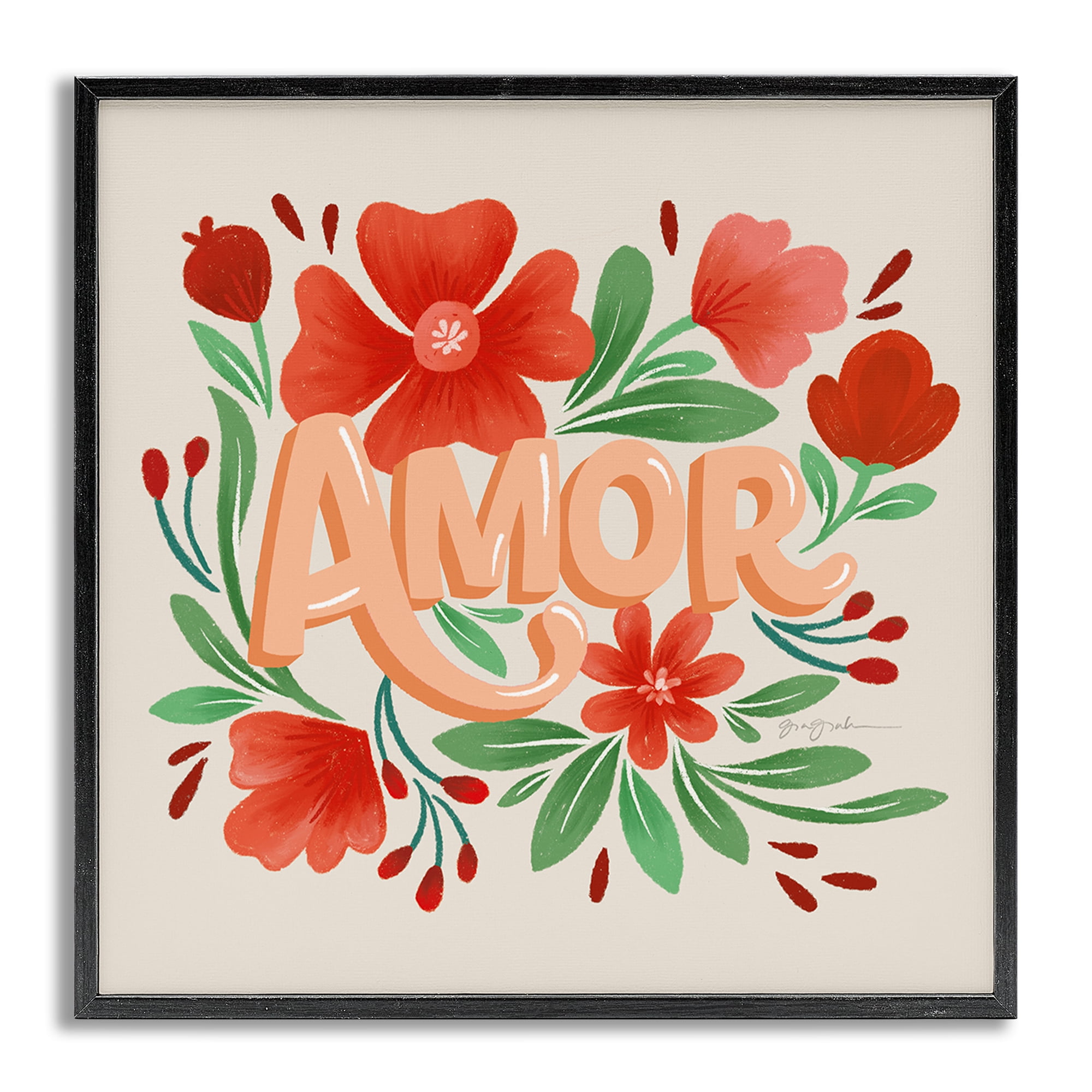 Stupell Industries Amor con Flores Rojas Floral & Botanical Painting Gray Framed Art Print Wall Art, 24 x 24