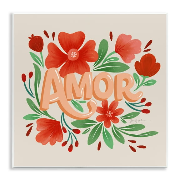 Stupell Industries Amor con Flores Rojas Floral & Botanical Painting Unframed Art Print Wall Art, 12 x 12