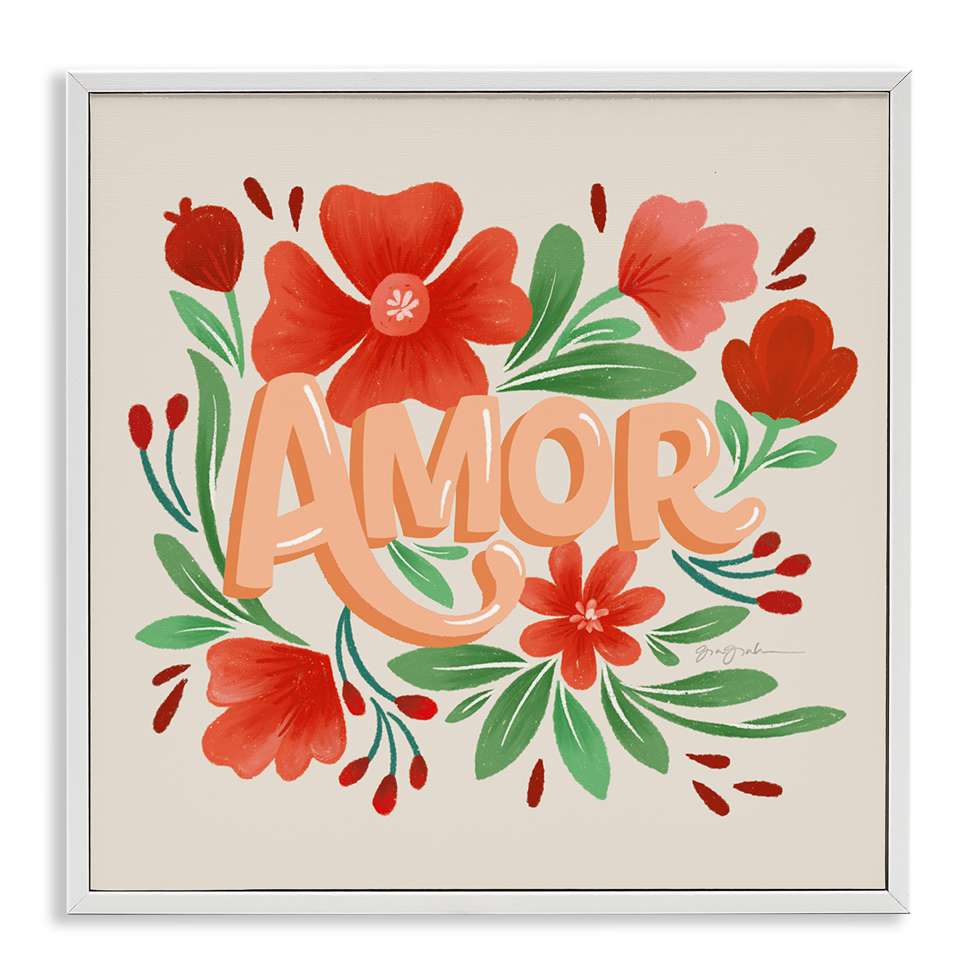 Stupell Industries Amor con Flores Rojas Floral & Botanical Painting White Framed Art Print Wall Art, 24 x 24