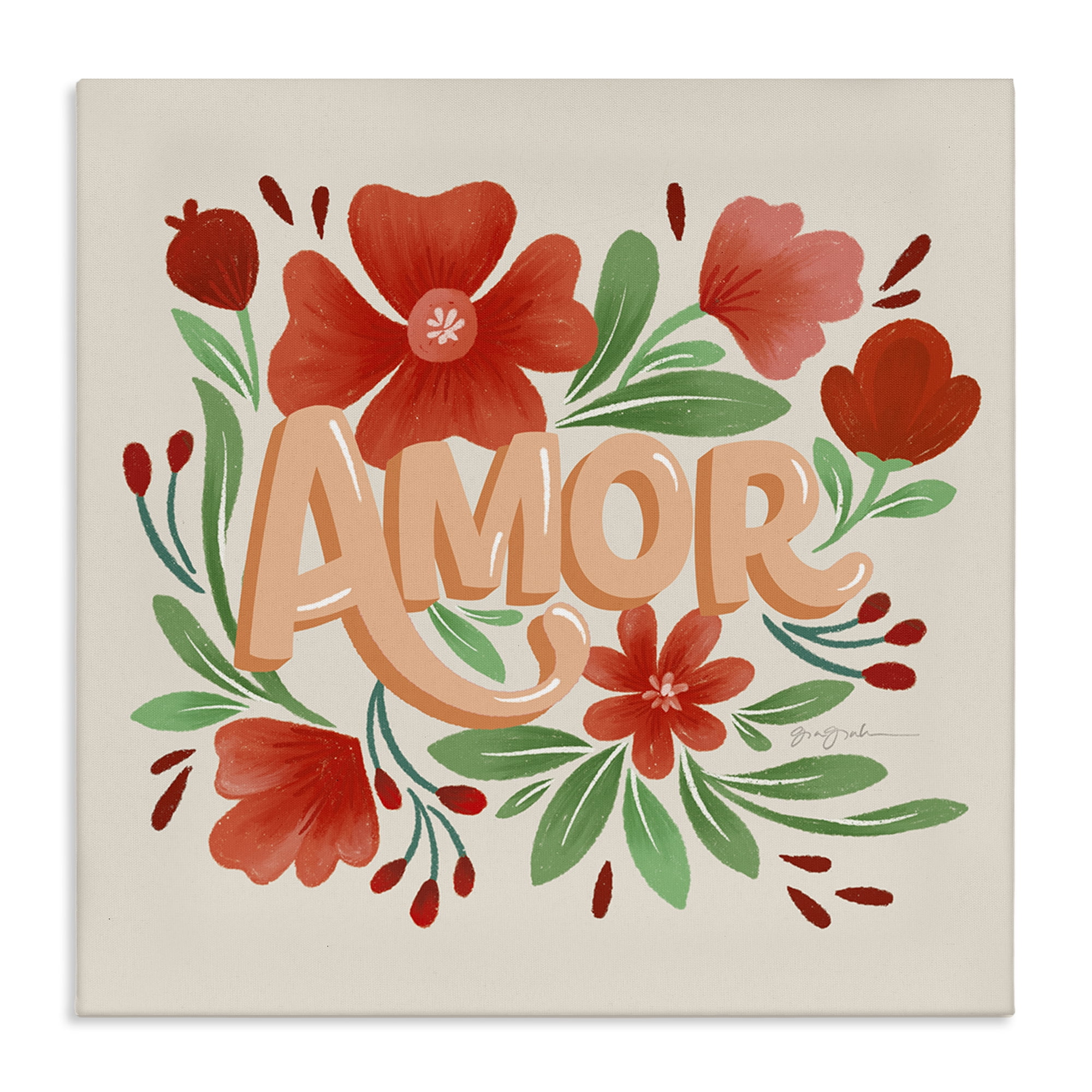 Stupell Industries Amor con Flores Rojas Floral & Botanical Painting Wrapped Canvas Art Print Wall Art, 17 x 17