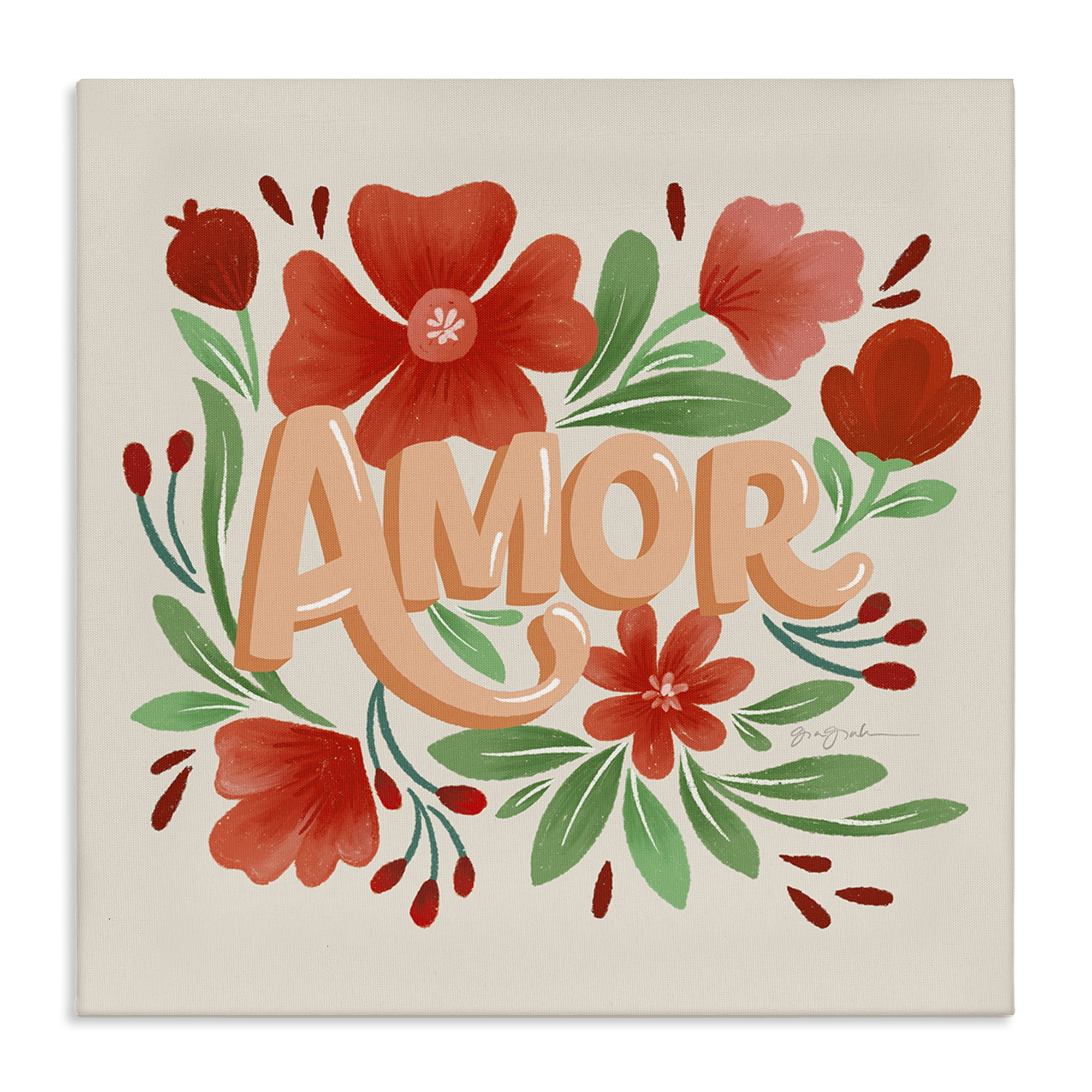 Stupell Industries Amor con Flores Rojas Floral & Botanical Painting Wrapped Canvas Art Print Wall Art, 30 x 30