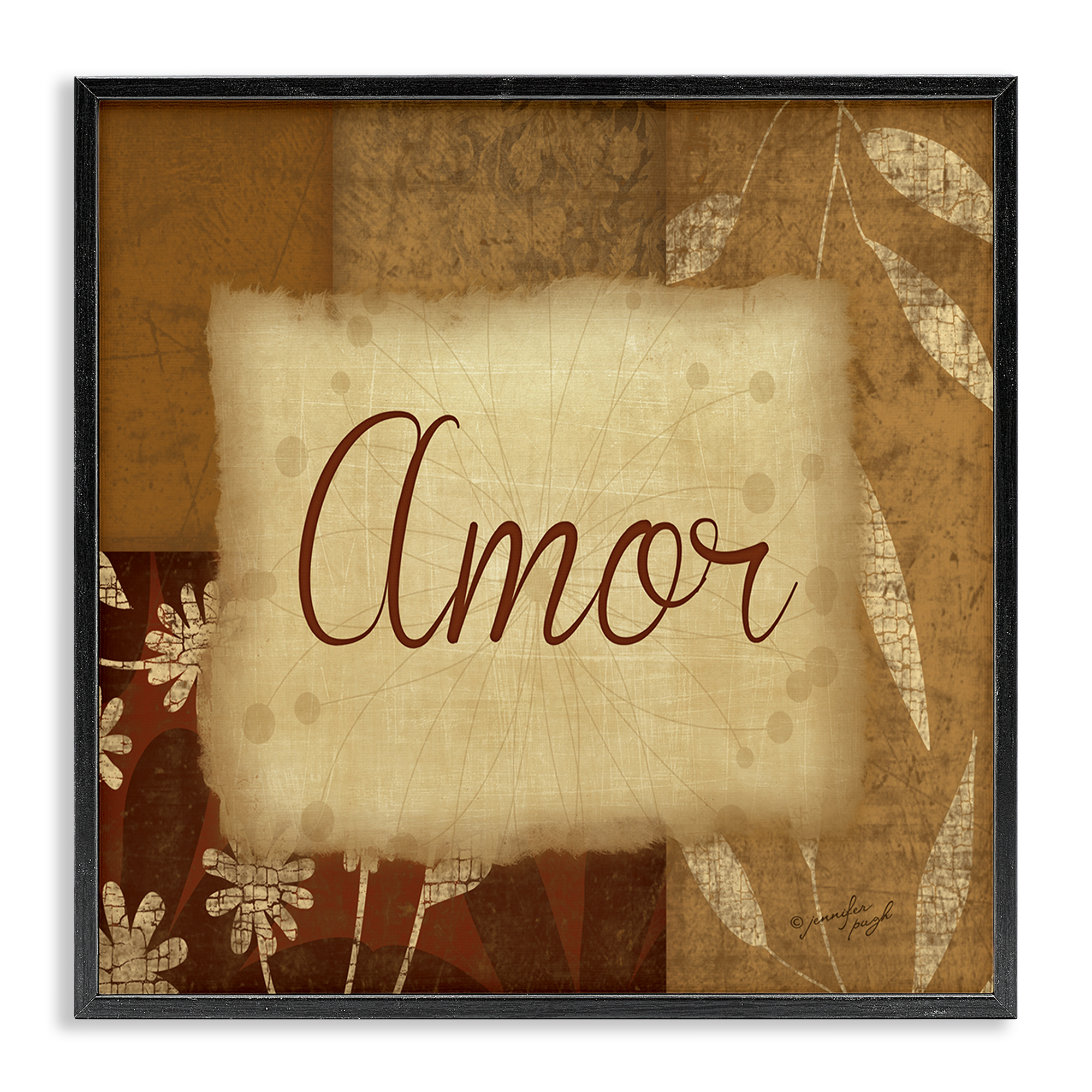 Stupell Industries Amor con Flores Tradicionales Typography and Symbols Painting Black Framed Art Print Wall Art, 24 x 24